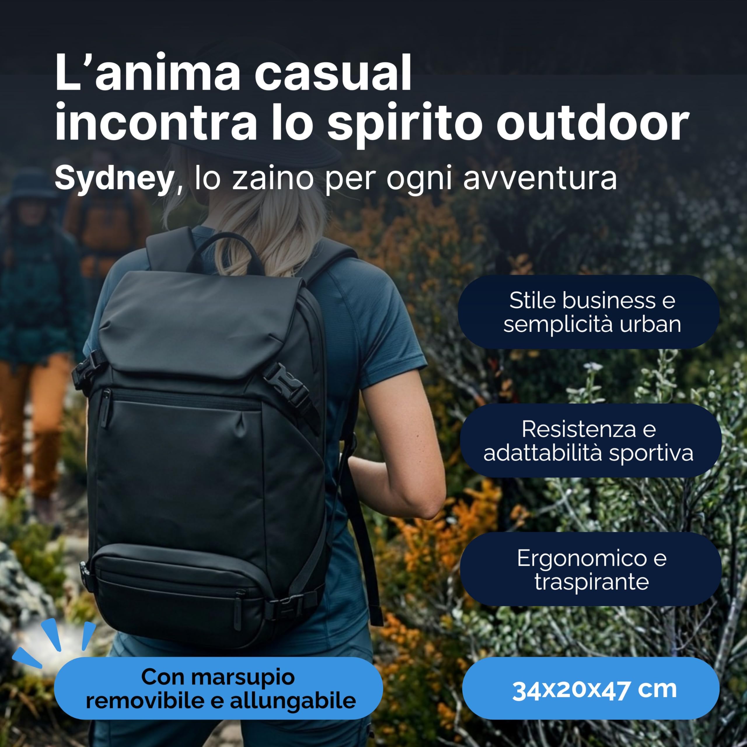 MASC Zaino Grande da Viaggio perfetto per Trekking, Campeggio e Montagna. Marsupio Rimovibile integrato, ideale anche come Zaino da Lavoro porta PC