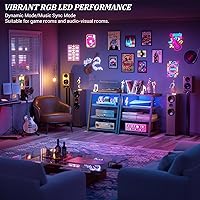 Vista 5 de Armocity Soporte multimedia AV de 4 niveles con regletas de alimentación, soporte estéreo con luces LED, torre de audio en rack con estantes