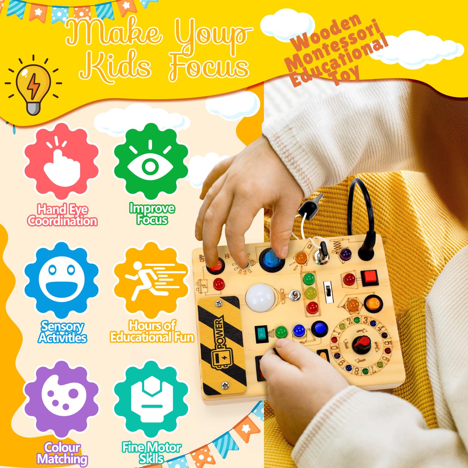 Busy Board Toddler Toys Montessori Toys for 1-3 Year Old Boy Girl Birthday Gift for Grandkids, 37 in 1 LED Light Up Sensory Wooden Montessori Switch Board Toy - Learn and Travel (6.7 x 5.3) 2