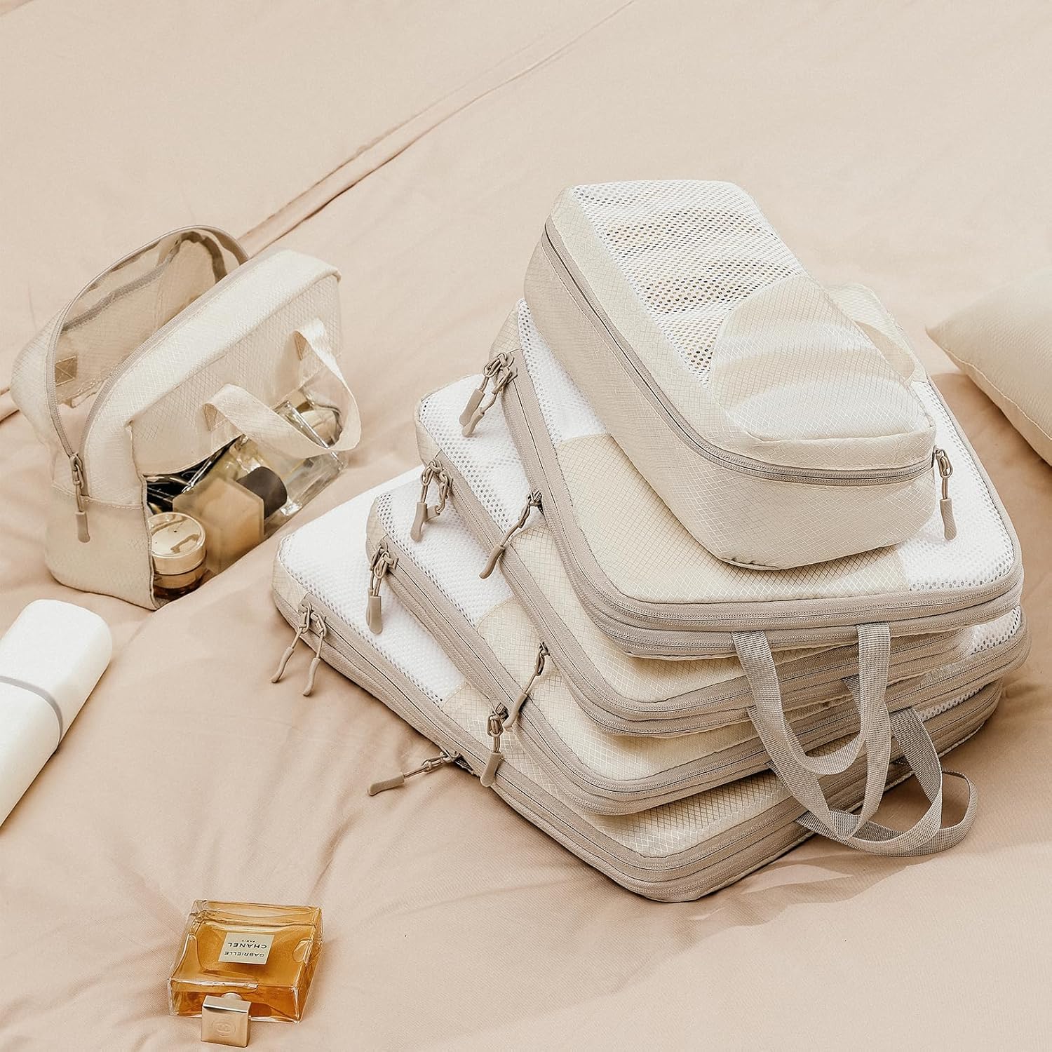 Compression Packing Cubes Travel Organizer,Travel Packing Cubes Compressible for Carry on Luggage Lightweight Expandable Luggage Travel Accessories,8 Set, Beige - Image 5