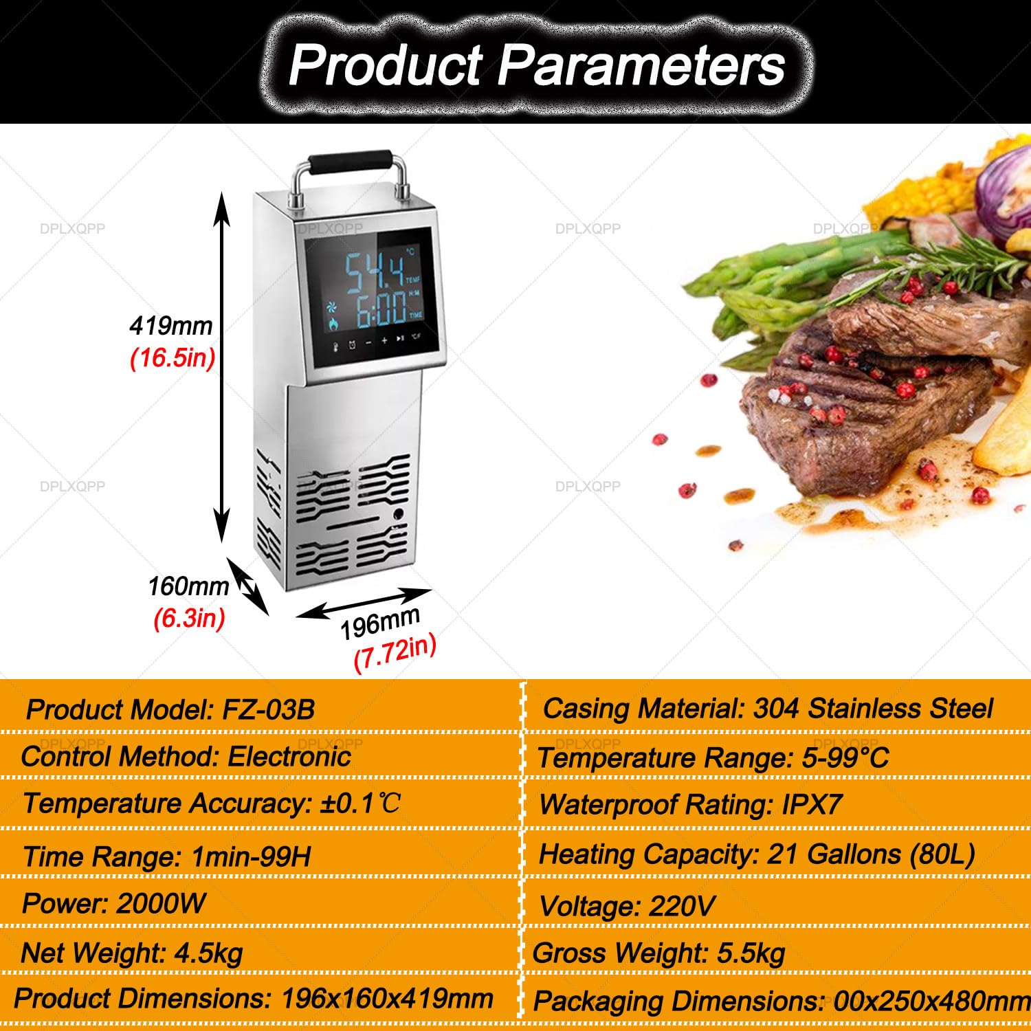 Olla De Inmersión Sous Vide 2000w Profesional: Máquina De Cocción Al Vacío con Pantalla LED,Temporizador 1min-99h,Acero Inoxidable,Ahorro Energético,para Uso Intensivo En Cocina