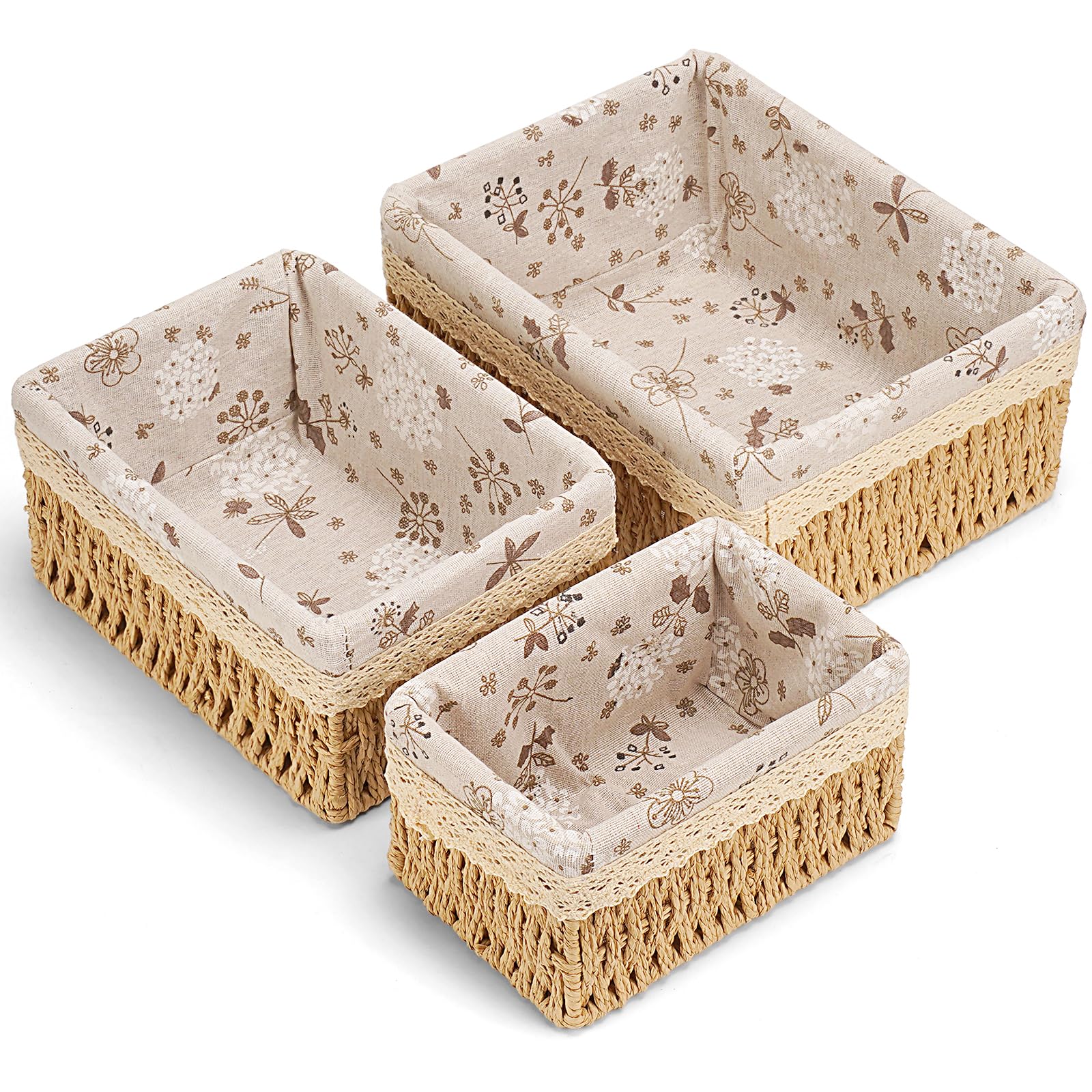 Amaredom Cestini in Vimini Floreali, Set di 3 Cestini Portaoggetti Intrecciati a Mano di Diverse Dimensioni, Perfetti per Organizzare, Riporre e Decorare la Casa - Beige