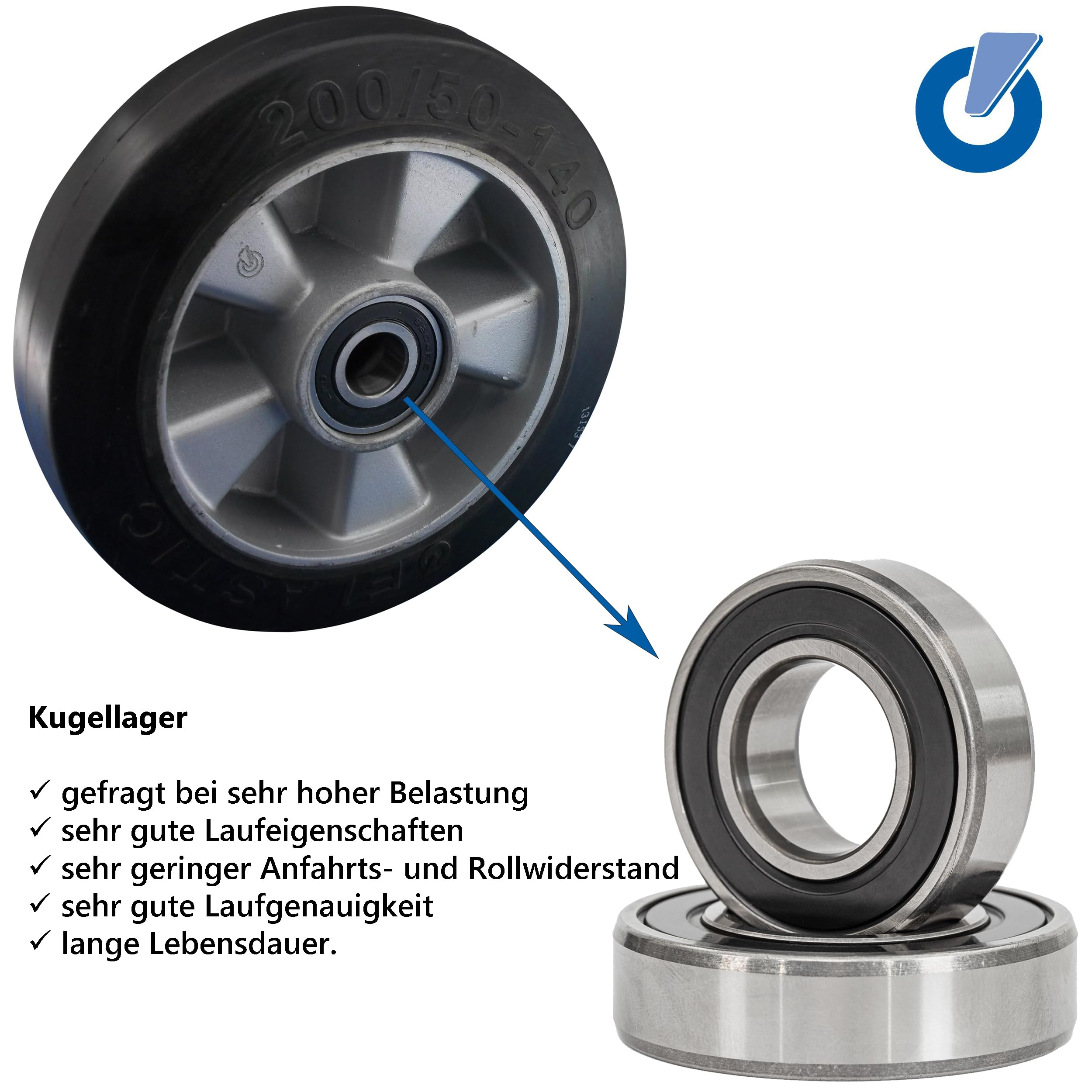 Rollentechnik Carrello, volante 200 x 50 mm, gomma elastica con cuscinetti a sfera, foro 20, lunghezza del mozzo 60, lunghezza di installazione 64