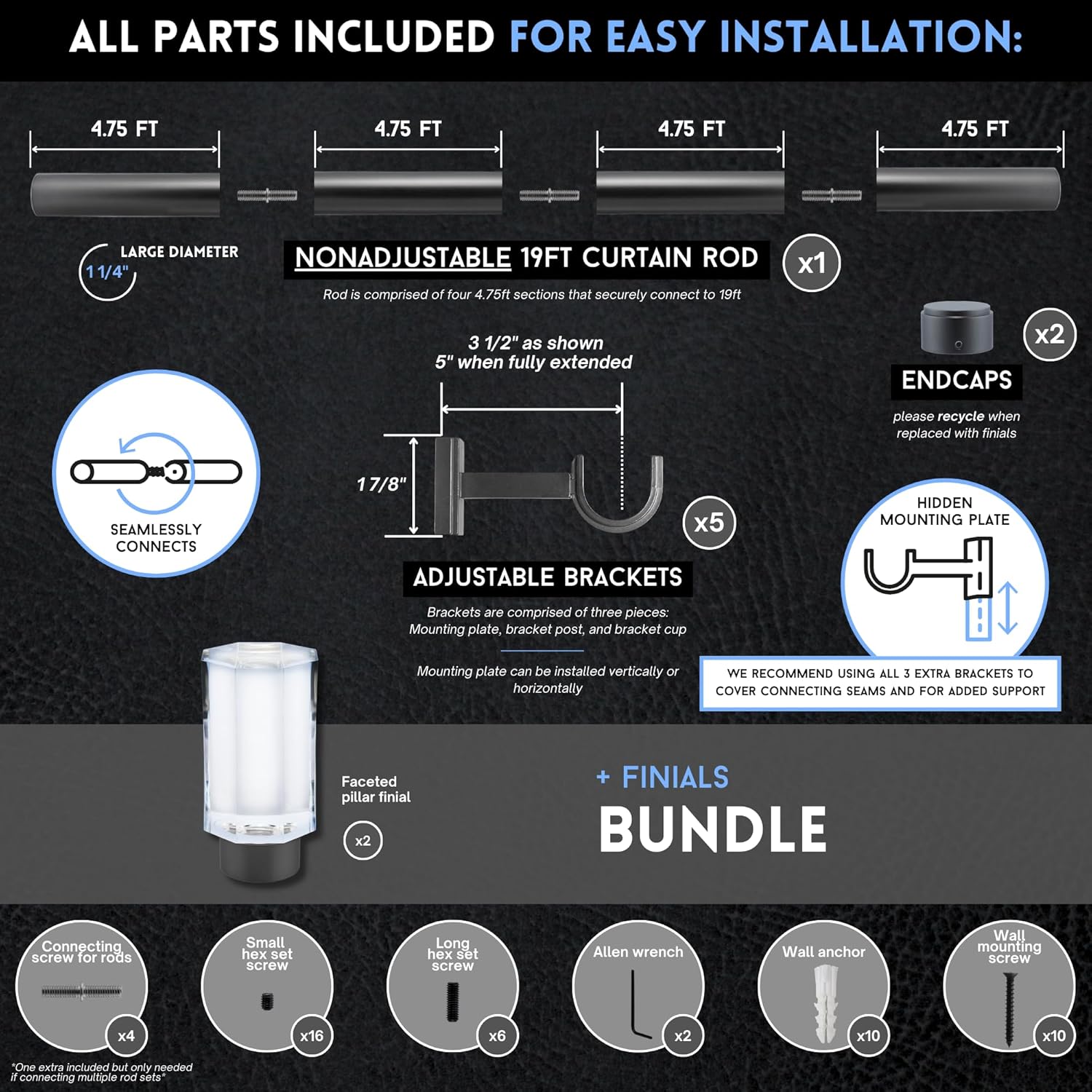 19 foot Custom Curtain Rod & Faceted Pillar Finials Bundle – Luxury Nonadjustable 1 ¼” Large Diameter with Designer Finials & Premium Quality Mounting Brackets – Matte Graphite Finish