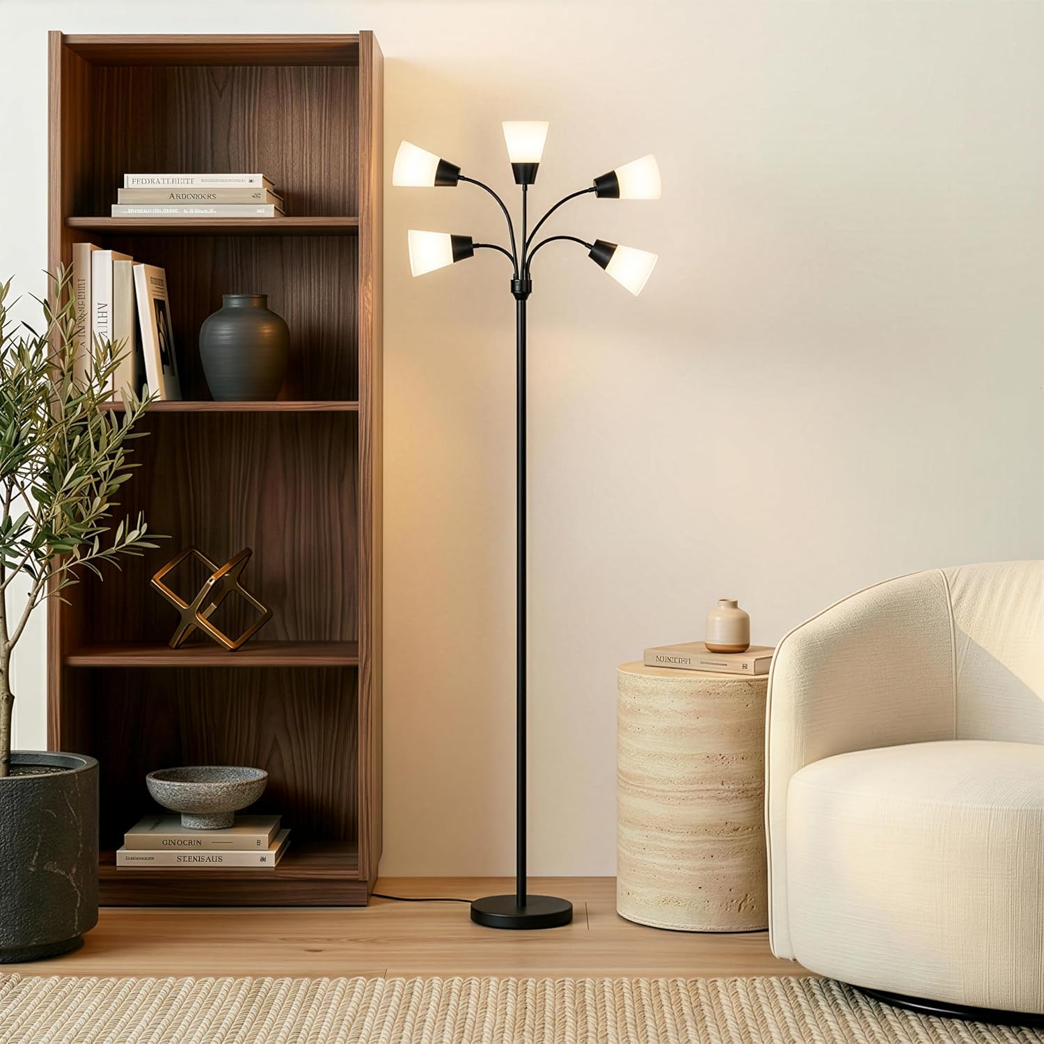 Brightech Medusa Modern LED Floor Lamp – Multi Head Floor Lamp for Living Rooms & Offices – Tall Lamp with Interchangeable Shade, Standing Lamp with 5 LED Bulbs for Hobbies - Black