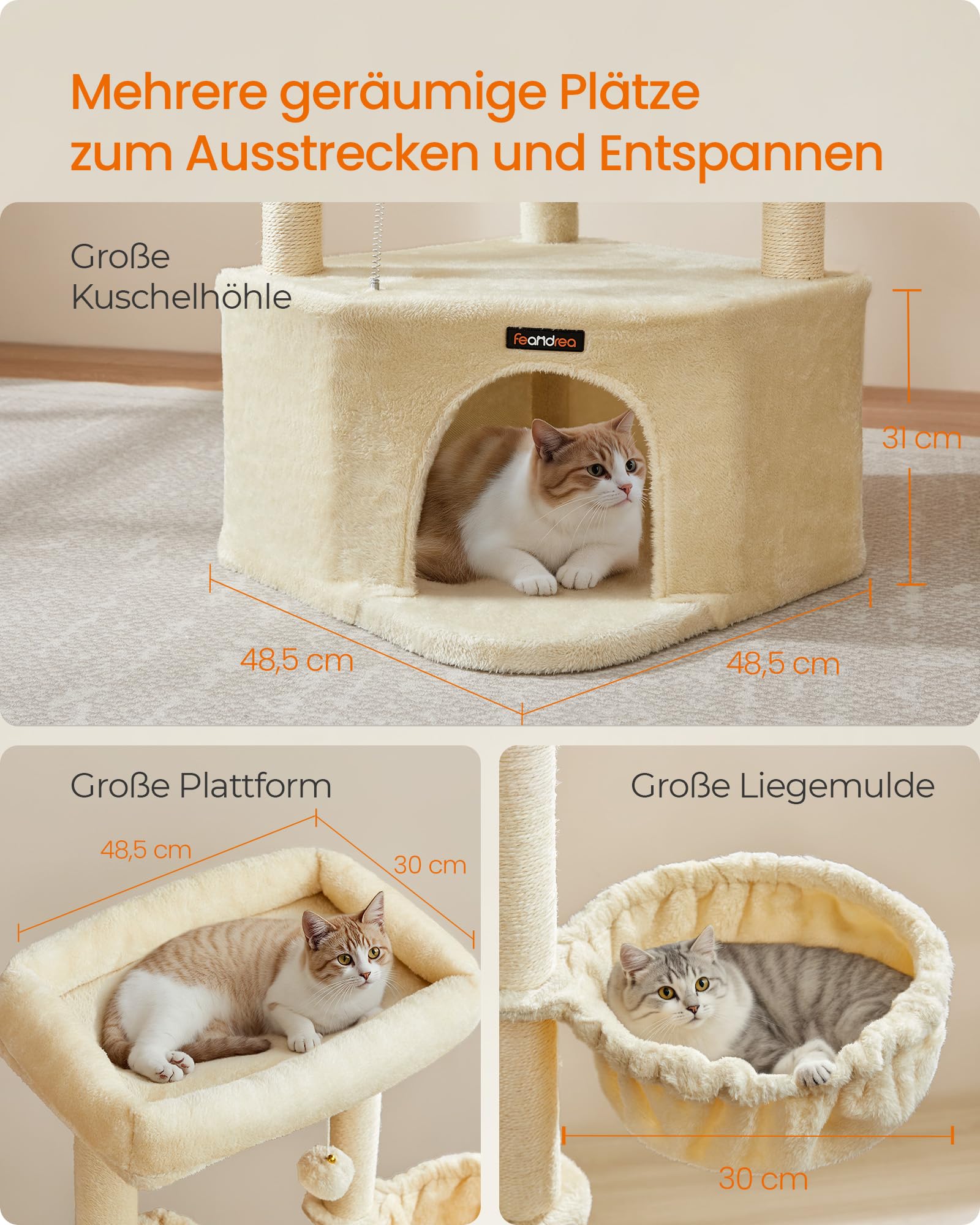 Feandrea Kratzbaum, Katzenbaum, 48,5 x 48,5 x 140,7 cm, Katzenkratzbaum mit großer Kuschelhöhle, großen Plattformen, Plüschbällen, Liegemulde, sandbeige PCT009Y01
