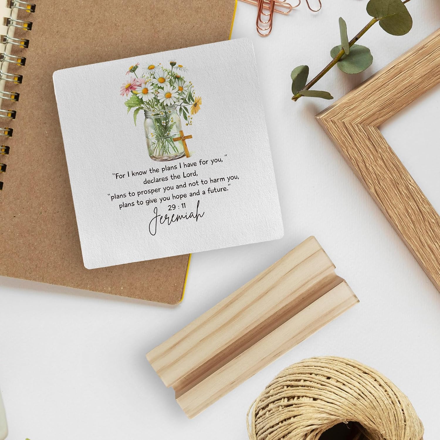 Christian Desk Decor, Jeremiah 29 11 Bible Verse Floral Wood Desk Sign, Inspirational Office Shelf Decor, Religious Christian Wooden Plaque with Wood Stand image 5