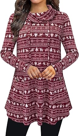 Bulotus Fall Sweaters for Women 2025 Cowl Neck Asymmetrical Long Tunics for Leggings Vacation Travel Tops with Pockets