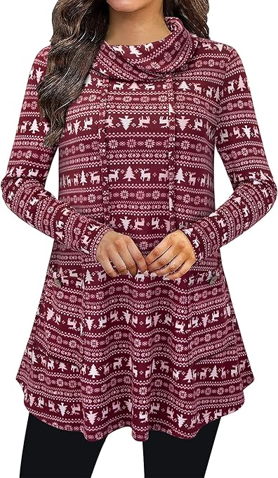 Bulotus Fall Sweaters for Women 2025 Cowl Neck Asymmetrical Long Tunics for Leggings Vacation Travel Tops with Pockets