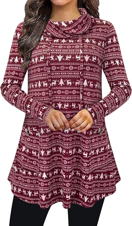 Bulotus Fall Sweaters for Women 2025 Cowl Neck Asymmetrical Long Tunics for Leggings Vacation Travel Tops with Pockets