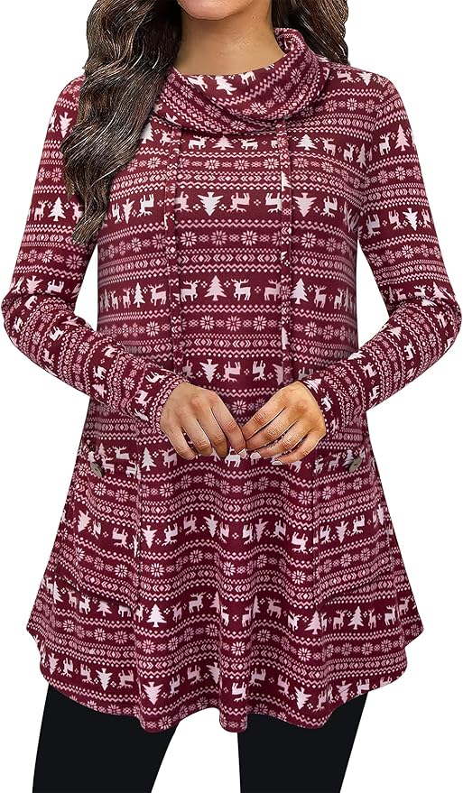 Bulotus Fall Sweaters for Women 2025 Cowl Neck Asymmetrical Long Tunics for Leggings Vacation Travel Tops with Pockets