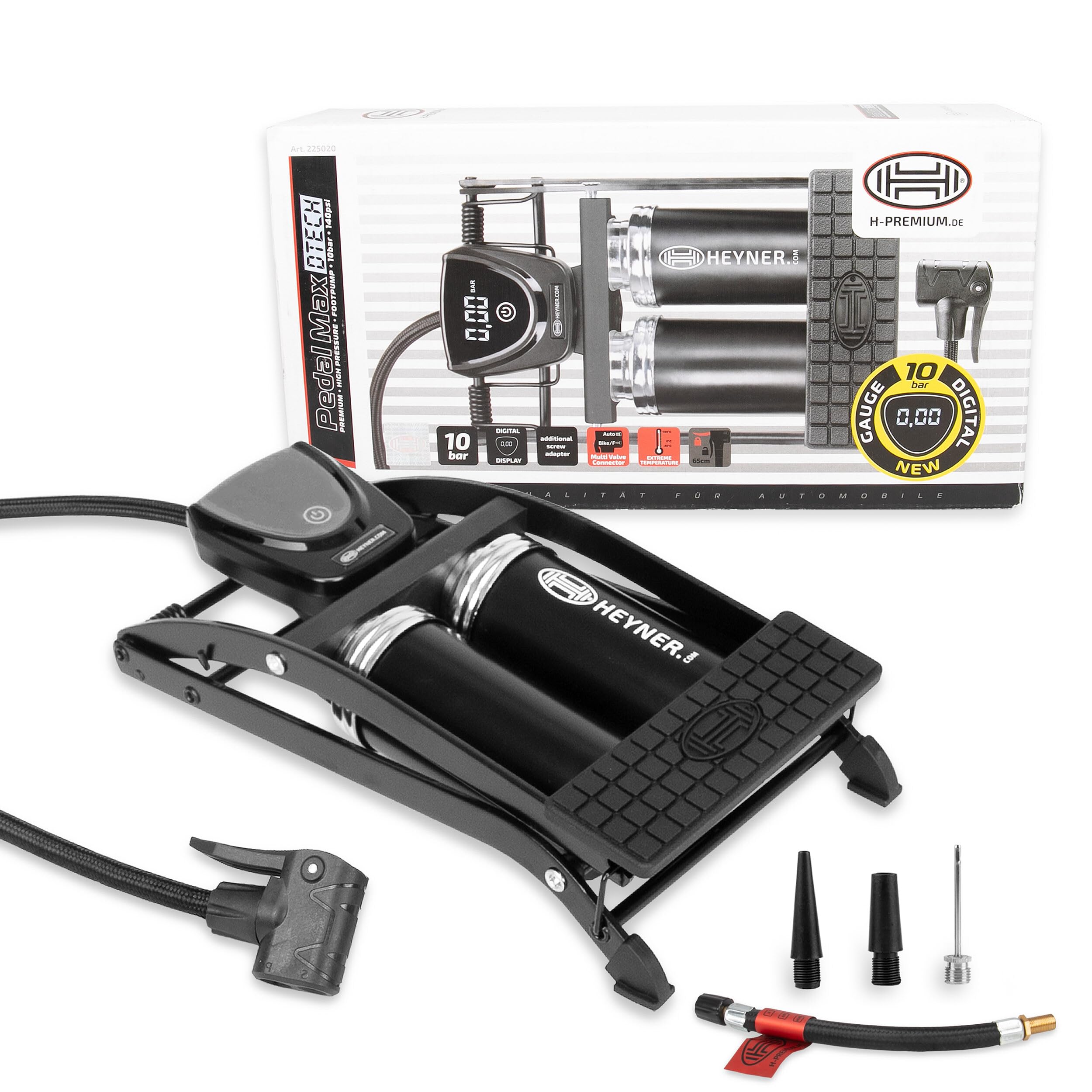 HEYNER® Pompe à air à Pied Double Cylindre manomètre Digital + Sac pédale Max Digital Pro Toutes valves Auto Moto vélo Ballon Portable