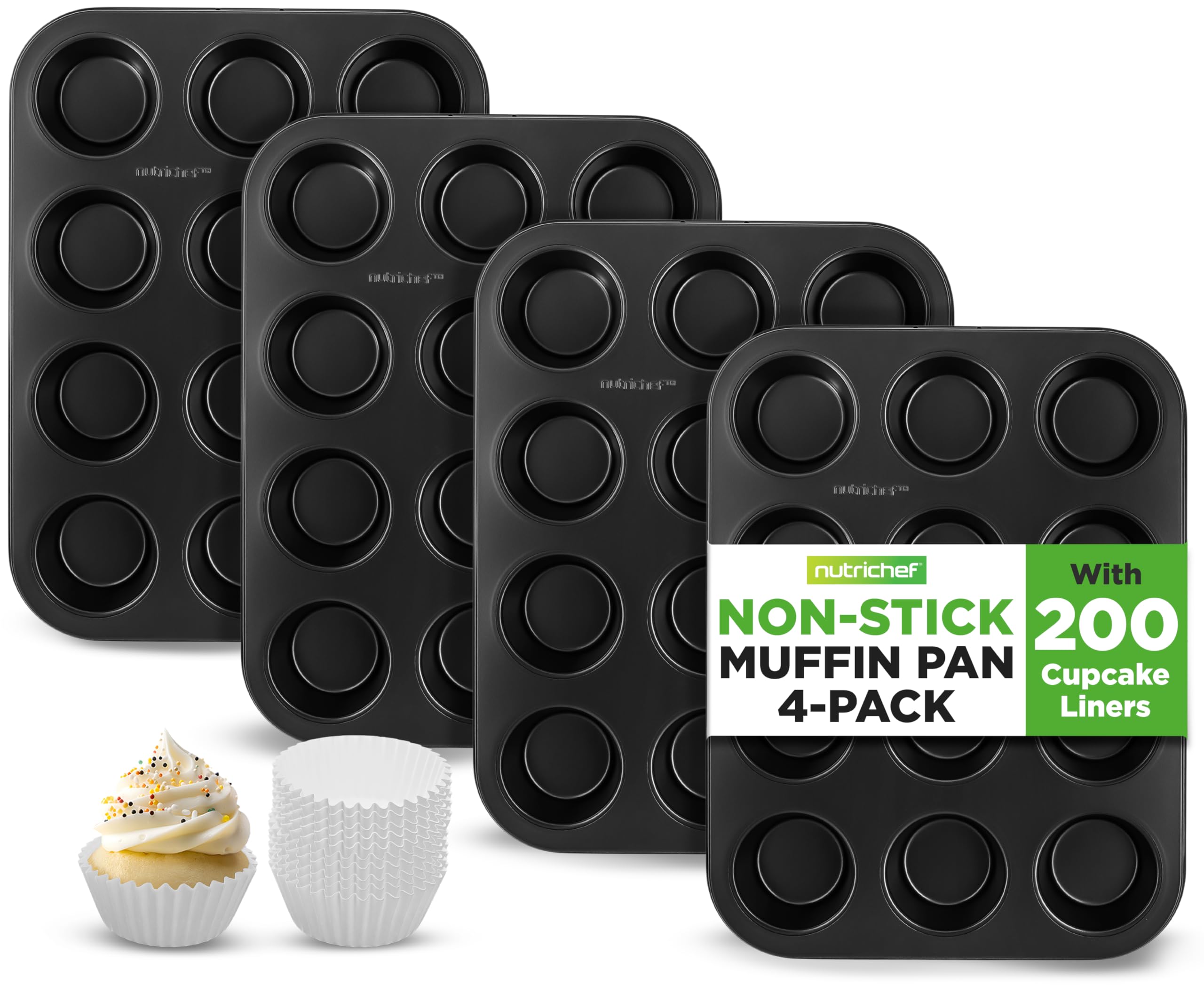 NutriChef Muffinformen zum Backen, antihaftbeschichtet, 12 Formen, stapelbare Cupcake-Formen, Karbonstahl, spülmaschinen- und ofenfest, inklusive 200 Pergamentpapiereinlagen, 33 x 10 x 2,5 cm, Schwarz