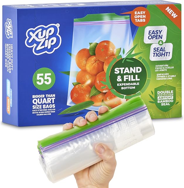 55 x Premium Food Storage Bags | UK Half Gallon Size Freezer Bags by XupZip | Leakproof Reusable Food Bags | Airtight Snack Bags | Heavy Duty Plastic Food Bags | BPA Free Reusable Sandwich Bags