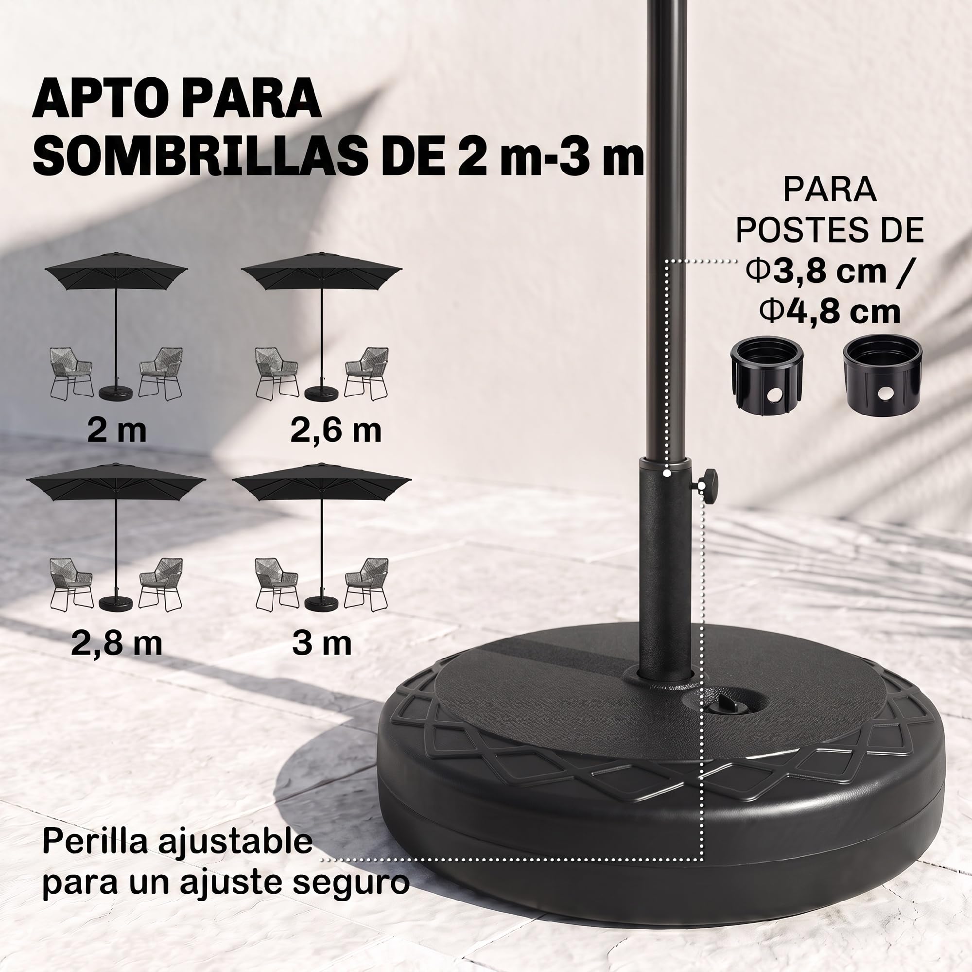 Outsunny Base de Sombrilla Rellenable 30 kg para Postes Ø55x38 cm Negro | Soporte de Parasol Redondo, de Agua, para Postes de 38mm 48 mm, Metal y Plástico, Jardín Terraza