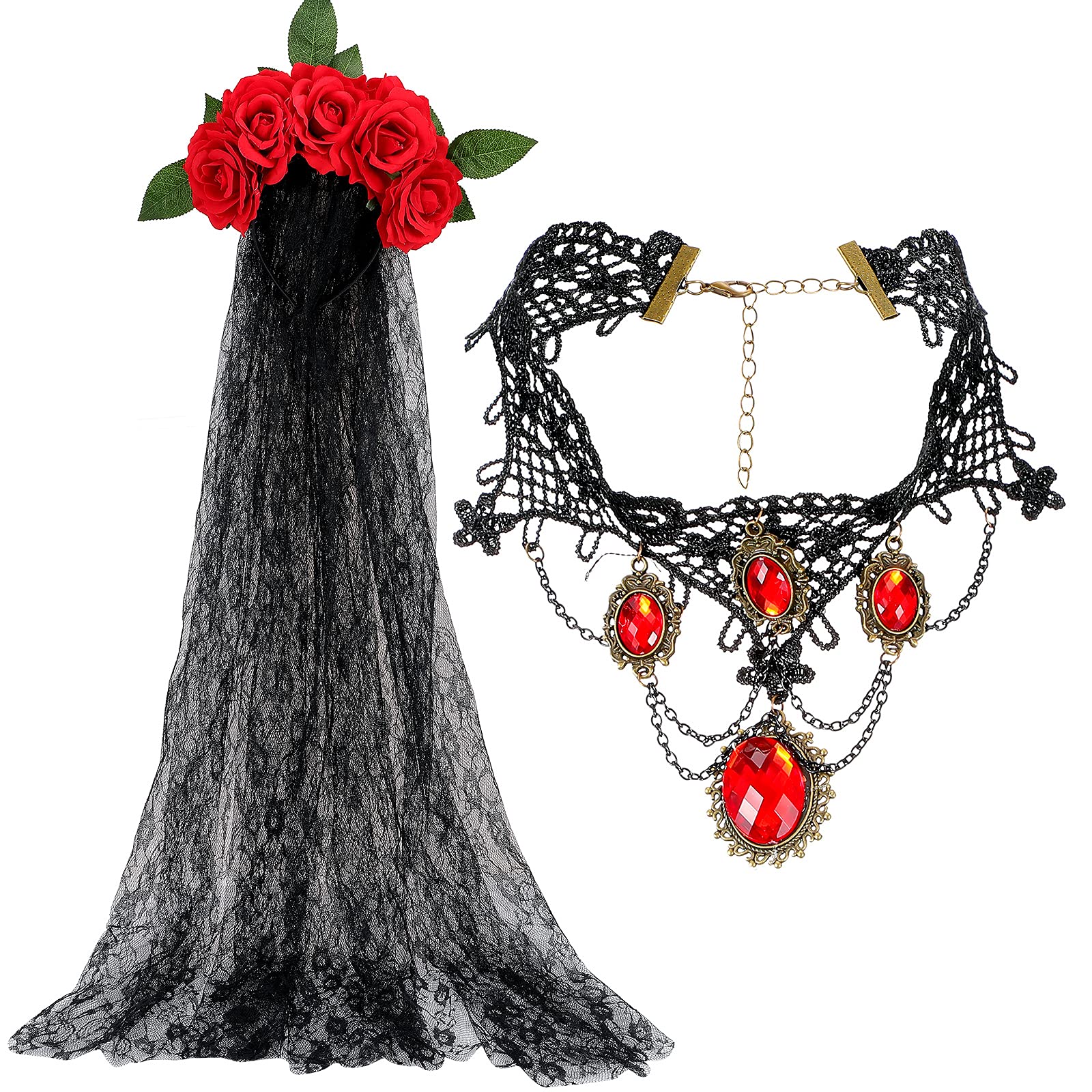 Hicarer2 Pieces Day of The Dead Veil Headband Headpiece Mexican Headband Rose Floral Crown Veil and Lace Choker Lace Rhinestone Necklace Halloween Costume