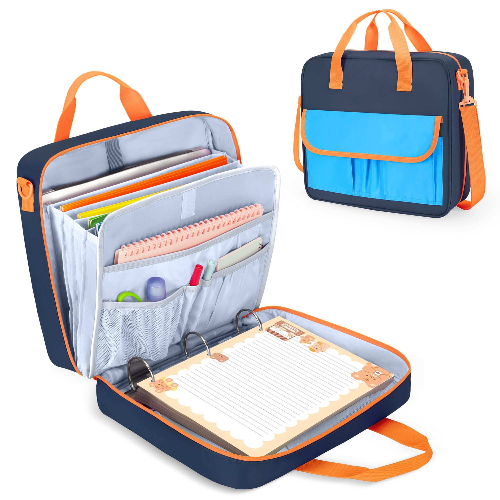 YARWO Ringordner Tasche für Jungen Mädchen 3 Ring Ordner für 500 Blätter mit ausziehbaren Fächern verstellbarer Trageriemen Akkordeon Organizer passend für 13" Laptop, Lern Tablet Schreibwaren, Marine