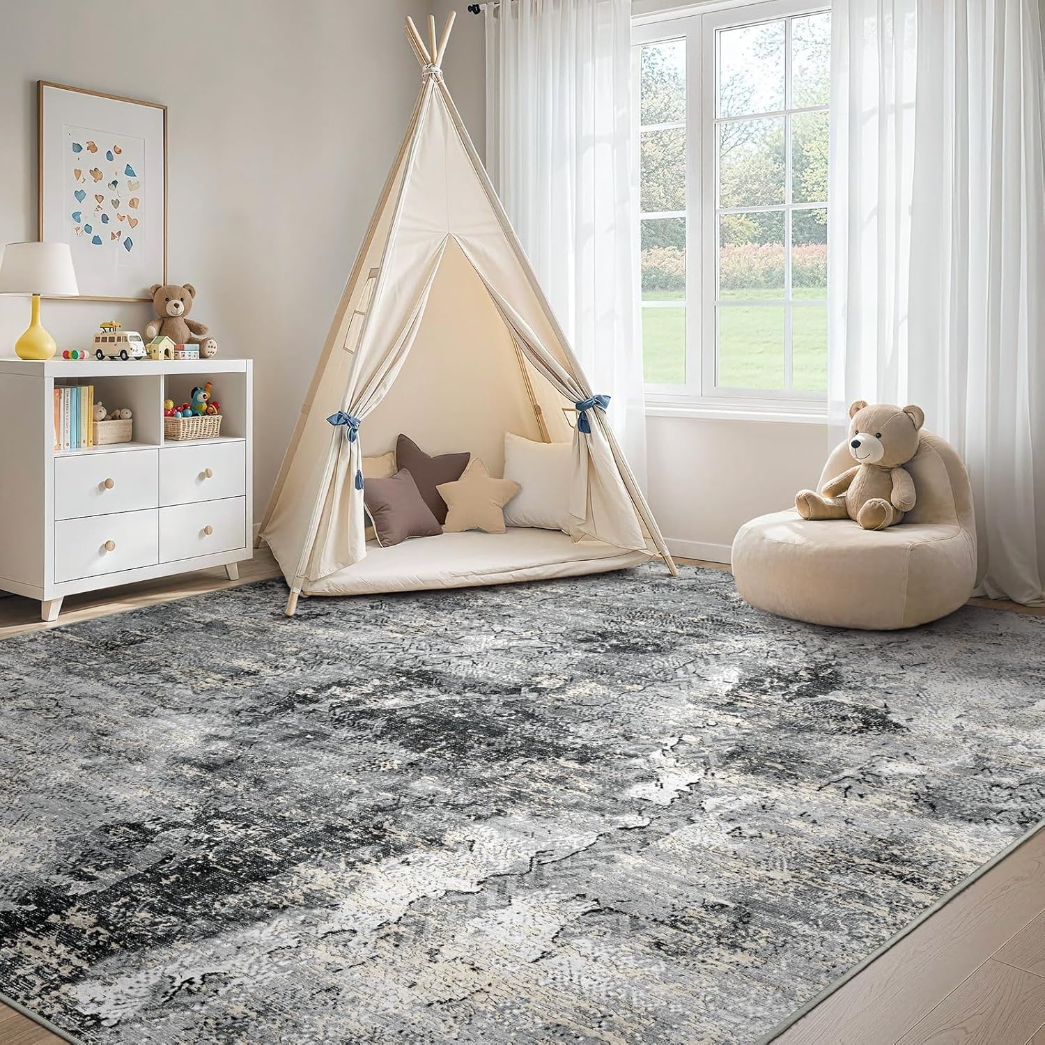 6' x 9' Abstract Living Room Rugs Washable Area Rug - Non Slip Soft Low Pile Rug Modern Boho Design Spill-Resistant Stain-Proof Carpet Rugs for Living Room, Bedroom, Office, Nursery Black