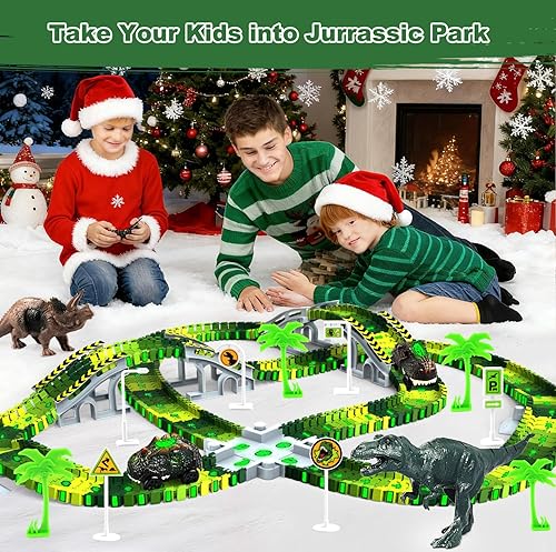 Miniatura 3 de Juguetes de dinosaurio para niños de 3 a 5 años, juego de pista de tren flexible que brilla en la oscuridad, 2 autos de dinosaurio para niños y