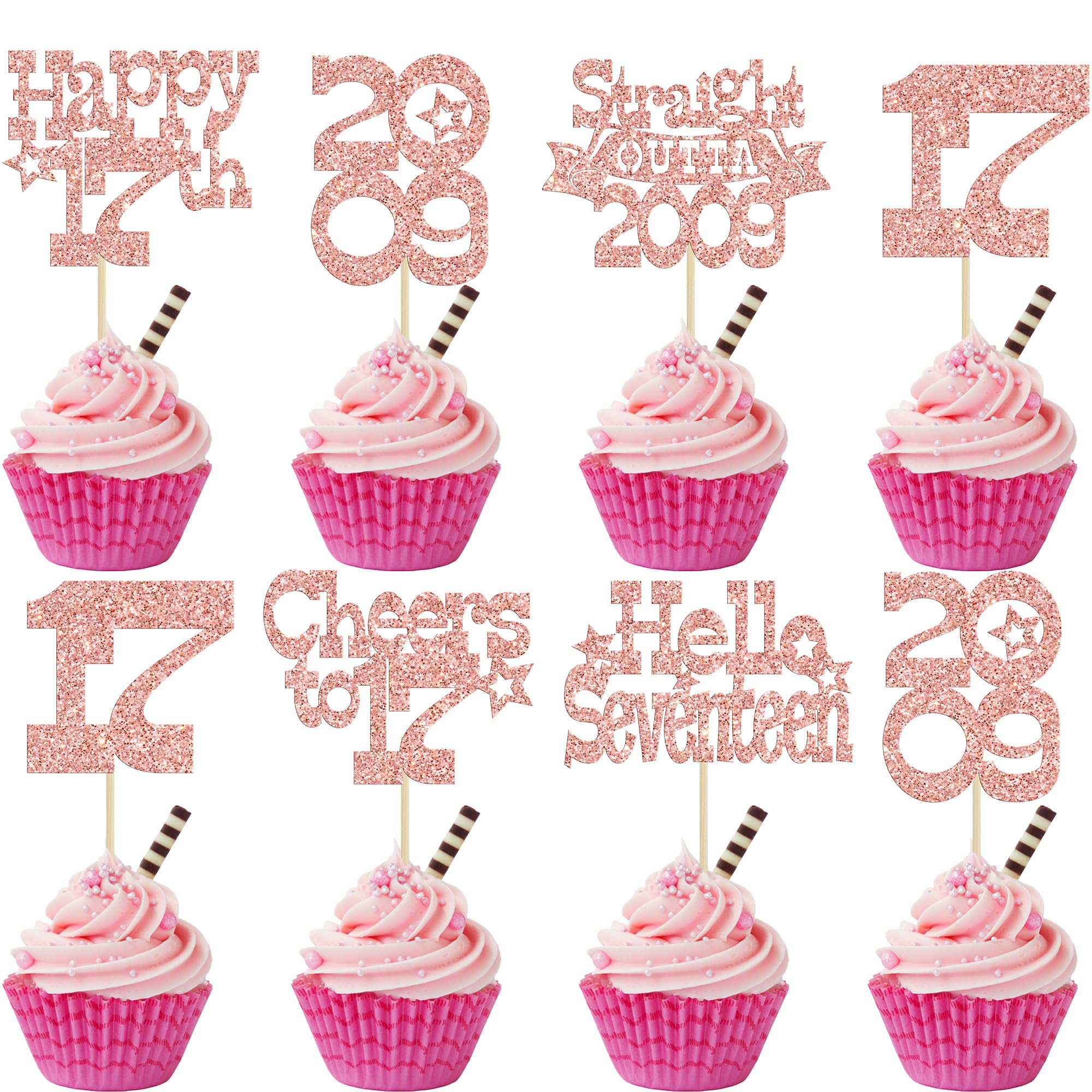Ephlyn 30Pcs Happy 17th Birthday Cupcake Toppers Glitter Seventeen Straight Outta 2009 Cupcake Picks Cheers to 17 Years Cake Decorations for 17th Birthday Anniversary Party Supplies Rose Gold