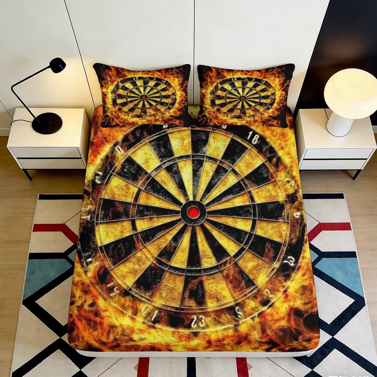 3D Printed Flame Dartboard Fitted Sheet Microfiber Soft Decor for Bedroom Dorm Mattress Cover Protector 90x200x25cm
