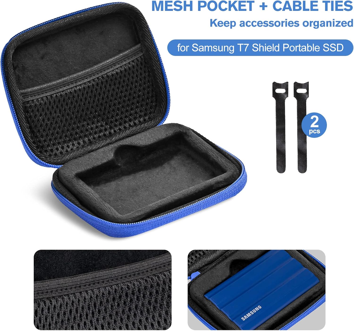 ProCase Carrying Case for Samsung T7 Shield External SSD with 2 Cable Ties, Hard EVA Shockproof Storage Travel Organizer for T7 Shield Portable Solid State Drive USB 3.2 1TB 2TB -Blue - Image 2