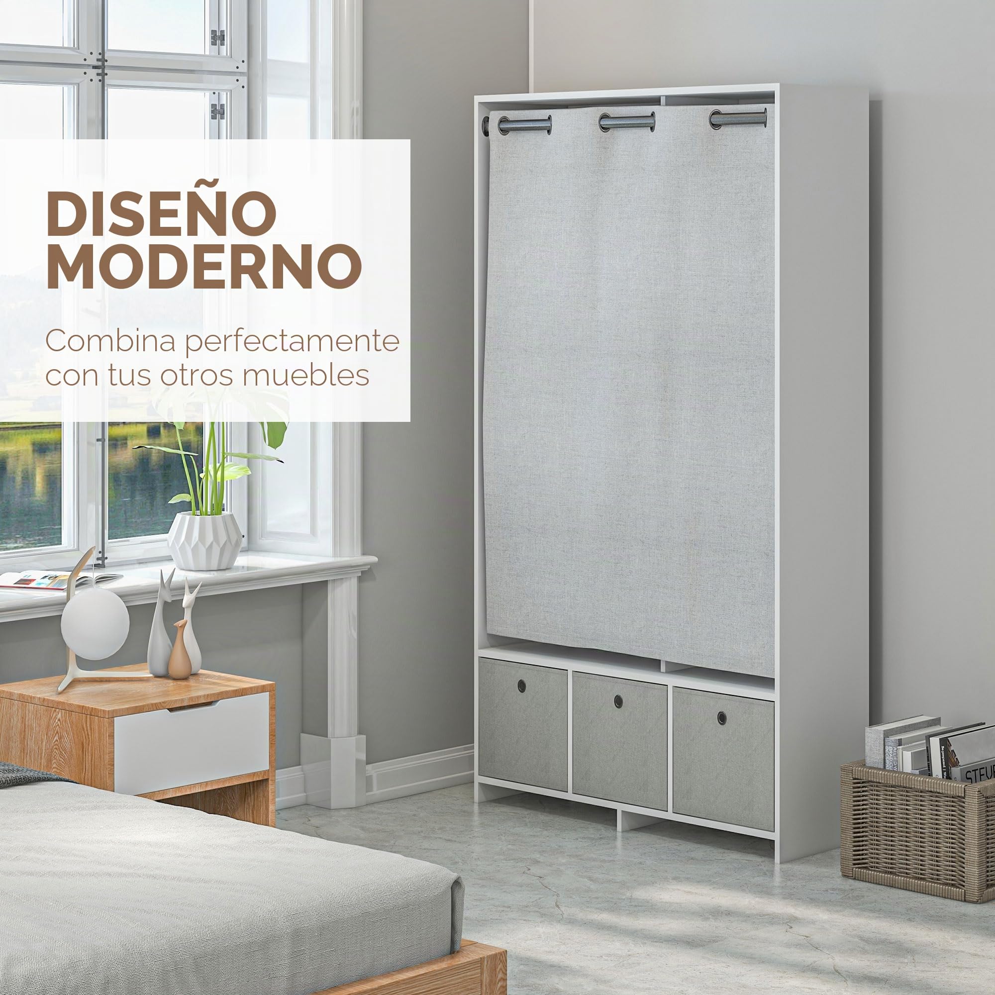 HOMCOM Armario con Cortina 105x48x160cm Blanco