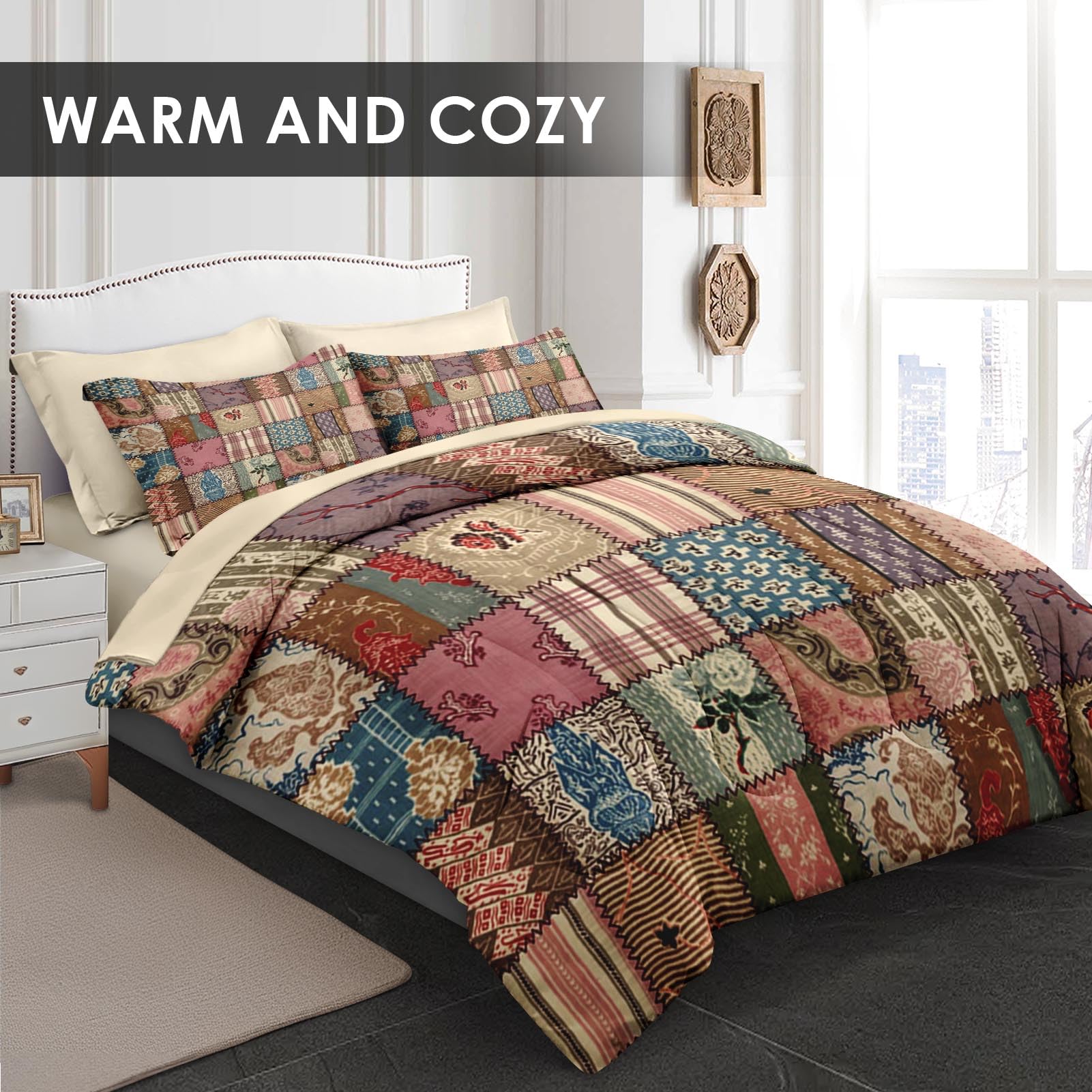 Pamnest Comforter Set Queen Size, Country Flower Retro 7 Pcs Bedding for Kids and Adults, Geometric Plaid Patchwork Bed Sheet Sets with Fitted Sheet 2 Pillowcases & 2 Shams for Bedroom Bed Decor