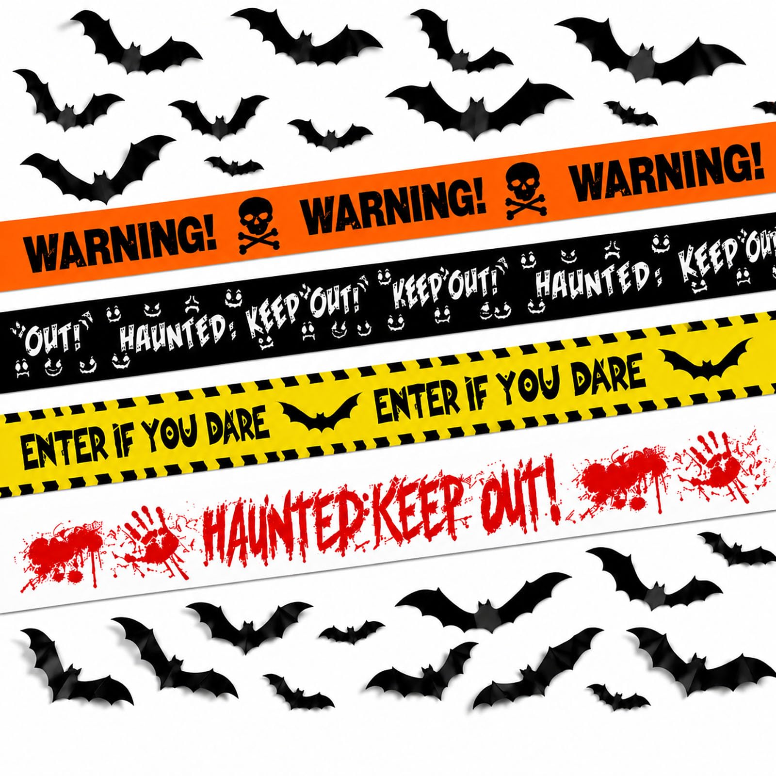 Halloween Decorations Caution Tape Set, 36M Halloween Warning Tape with 24 3D Bat Stickers, 4 Rolls Spooky Fright Tape for Haunted House, Halloween Party, Garden, Door, Fence and Outdoor Decoration
