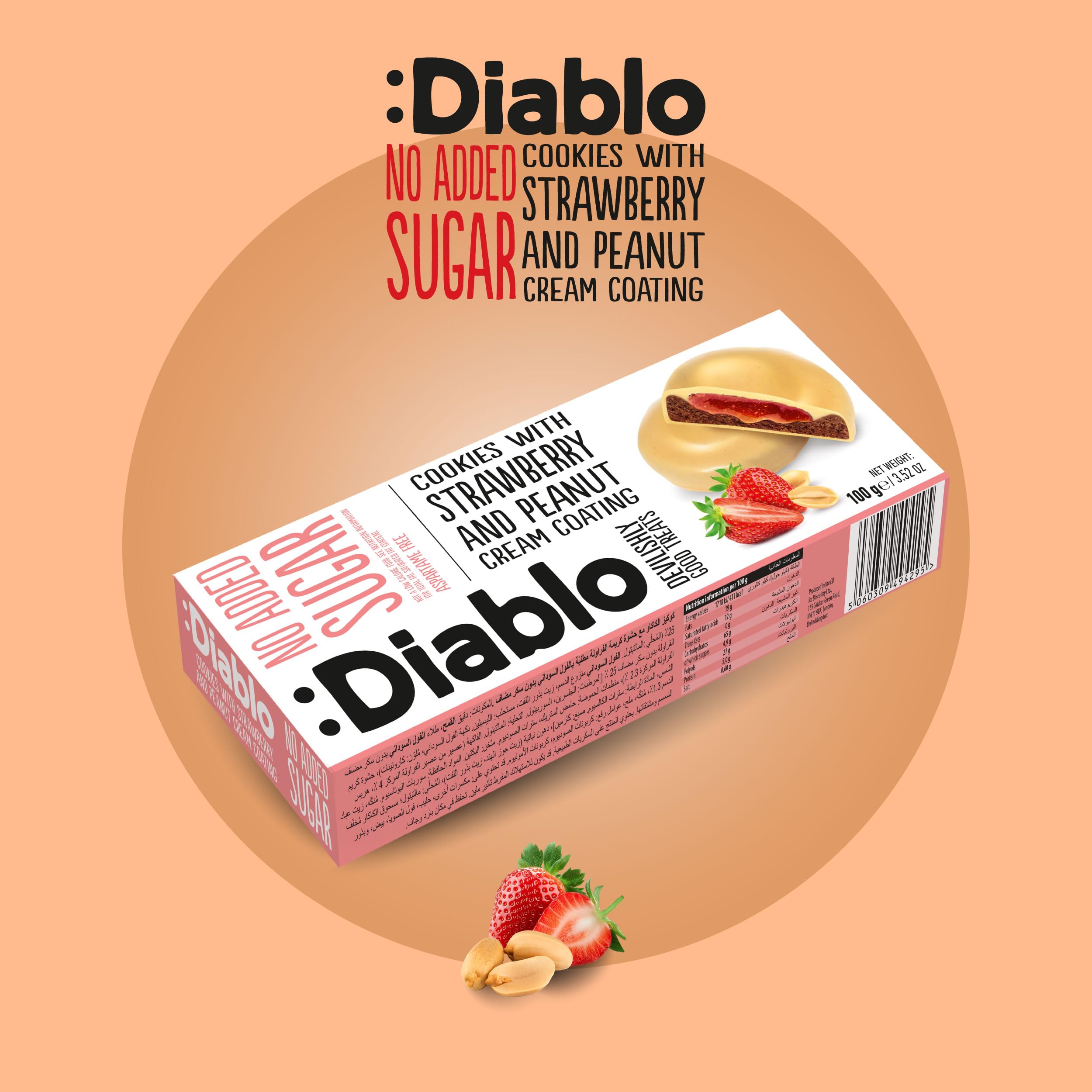 Diablo No Added Sugar Cookies with Strawberry and Peanut Cream Coating – Delicious No Sugar Biscuits, Guilt-Free Snacks for Adults & Families, Sweet Treats Sweetened with Maltitol, 100g (Pack of 1)