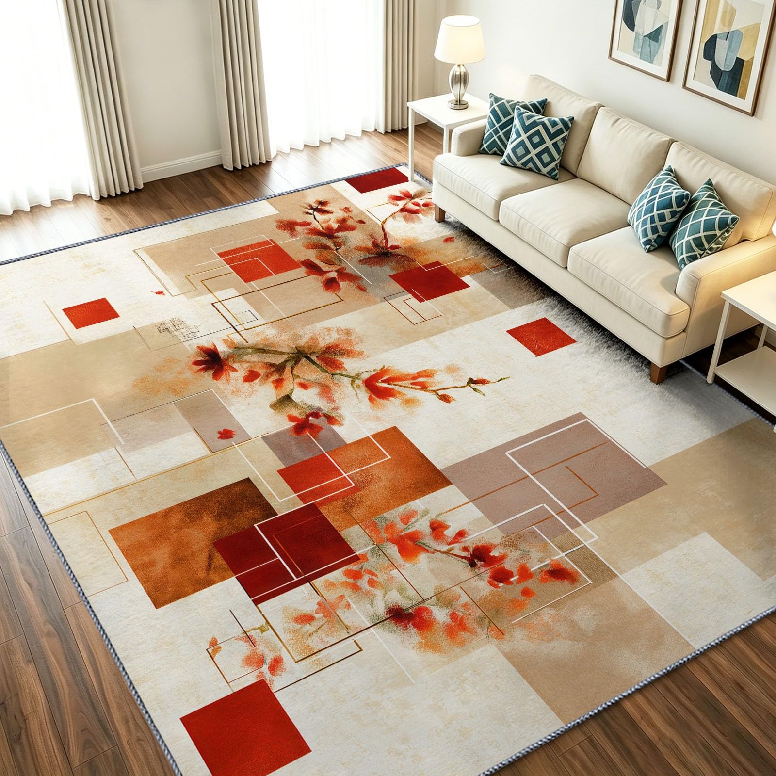 Tapis chinois géométrique en blocs de couleur beige haut de gamme