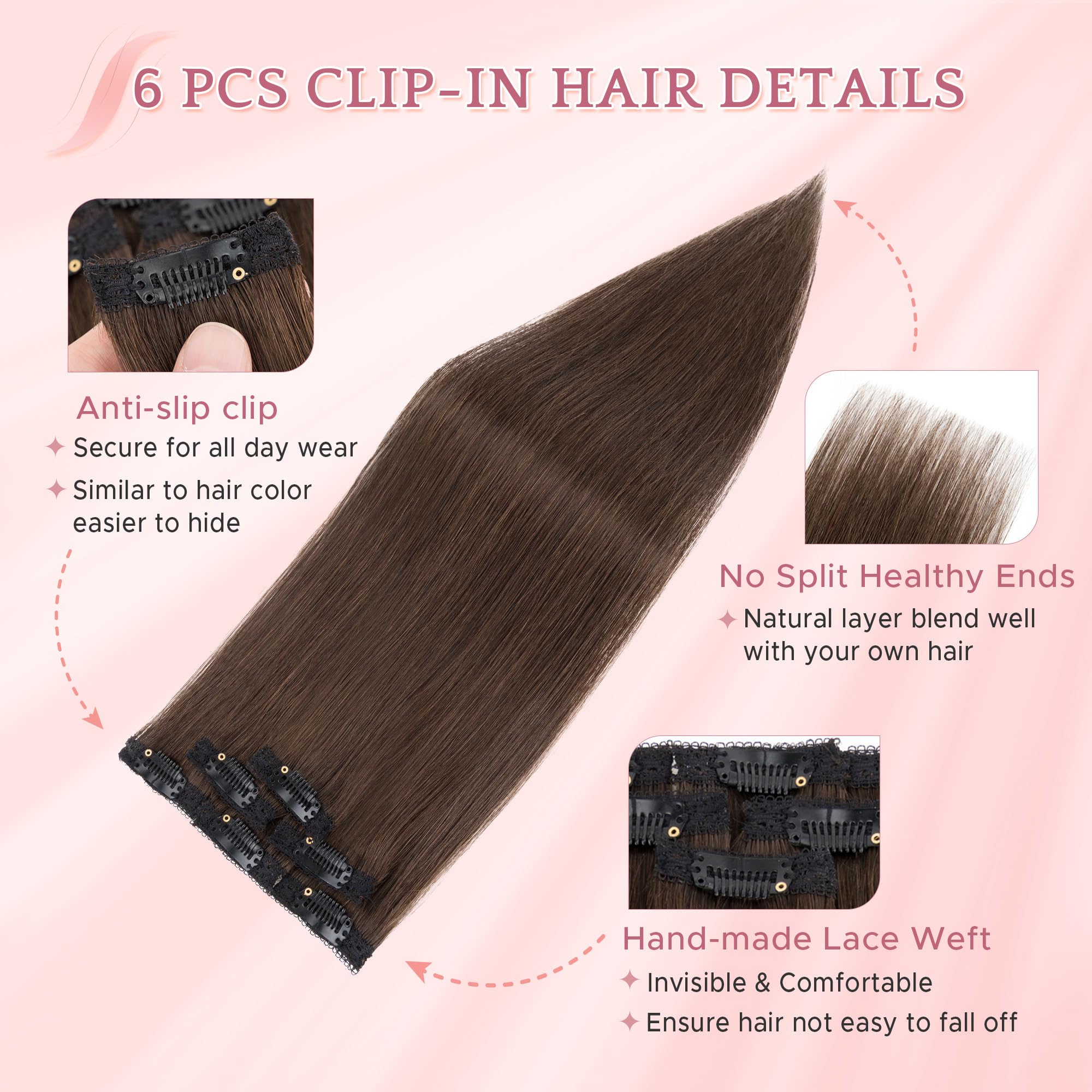 Clip in Extensions Echthaar Extensions Clip 6 Tressen 6 Clips Hair Extensions Remy Echthaar Haarverlängerung invisible natürlich 40 cm Dunkelbraun #2R