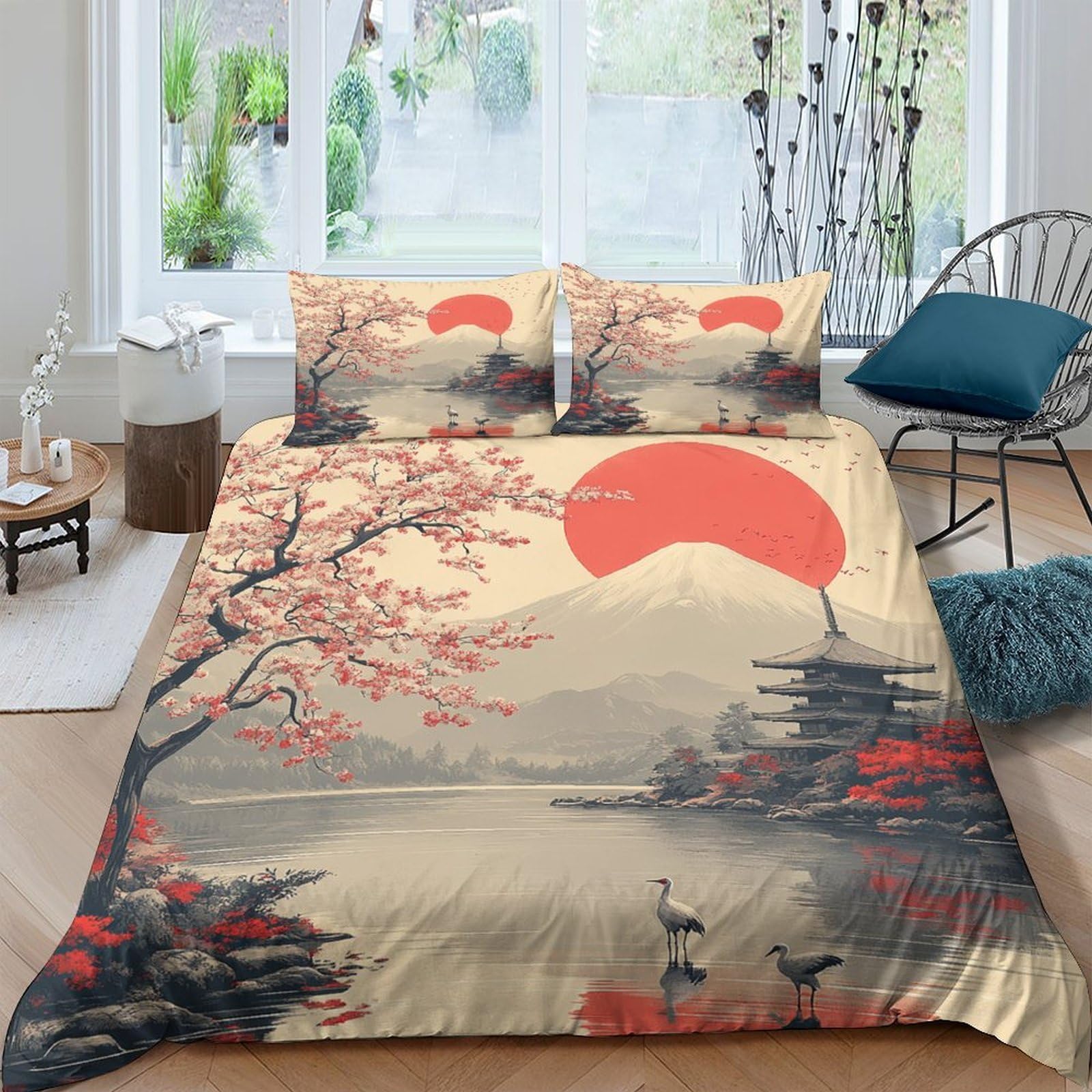 Ctjqhvkz Style-10 3D Printed Japanese Sunset Fitted Sheet Microfiber Soft Cherry Blossom Bed Cover For Bedroom Guest Room Decor Single（135X200cm）