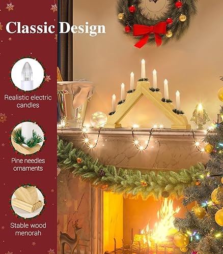 Miniatura 4 de Lewondr Candelabro sueco de Navidad, velas eléctricas con 7 velas cónicas sin llama, luz de puente de vela de madera alimentada por USB con agujas