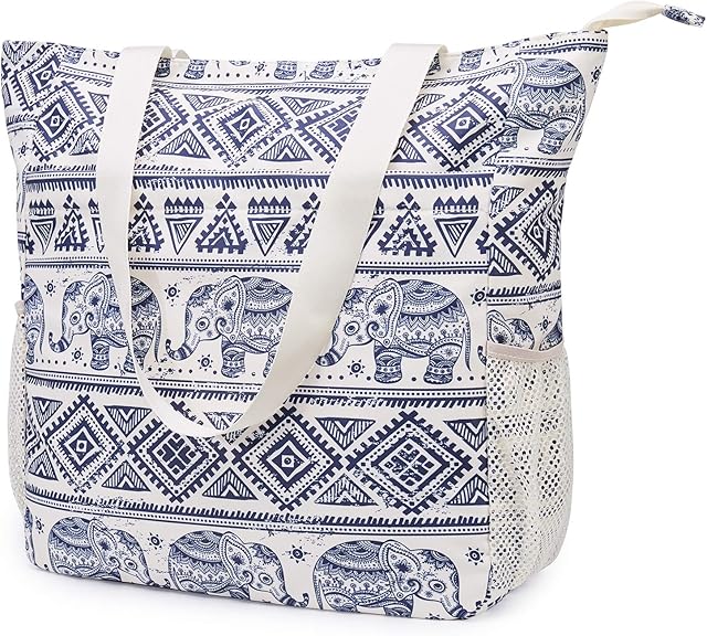 Floral Beach Tote Water-resistant Beach Bag Large Shoulder Bag for Yoga Travel with Multi Pockets (Blue Elephant)