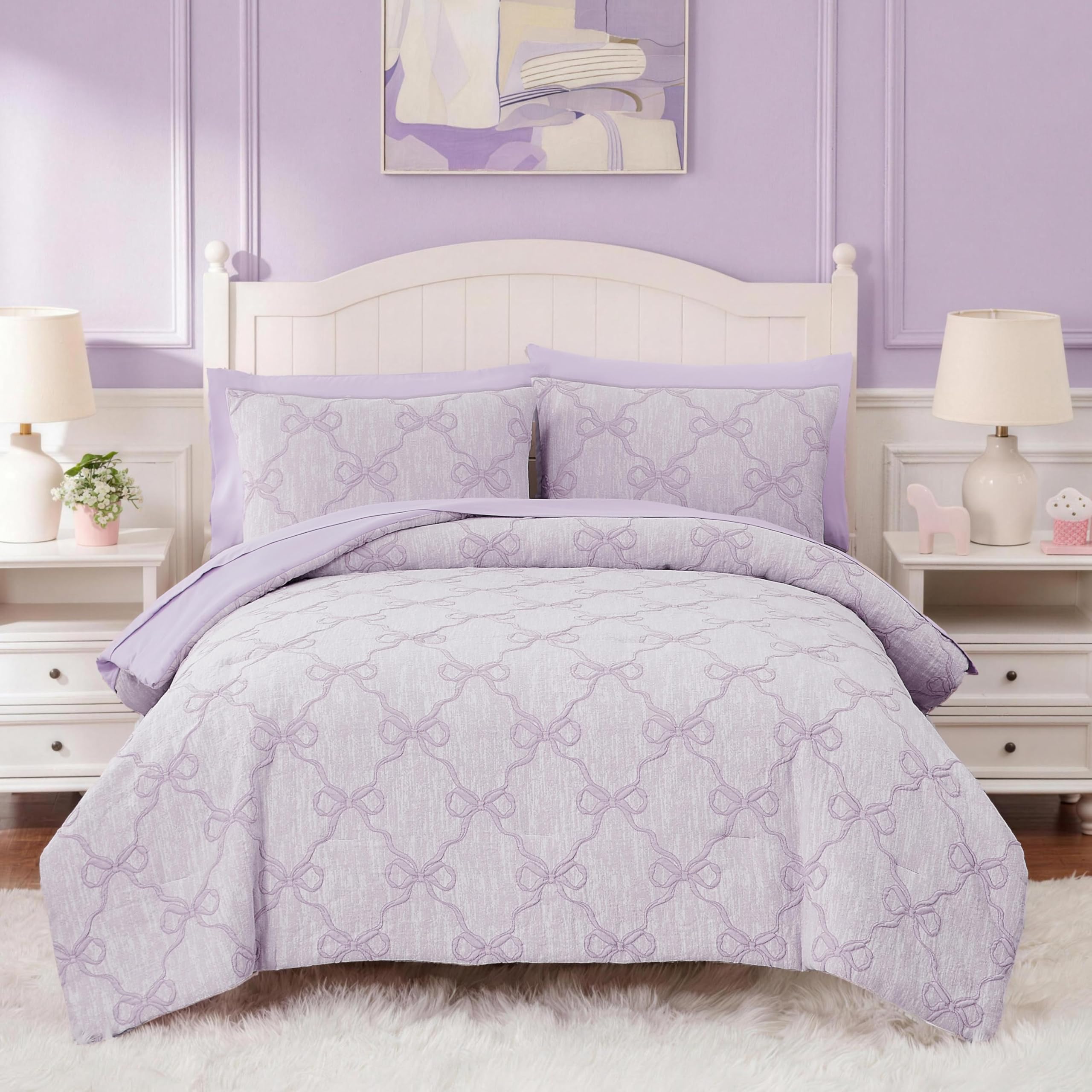 Queen Comforter Set with Sheets for Girls-7 Pieces Bow Bed in A Bag