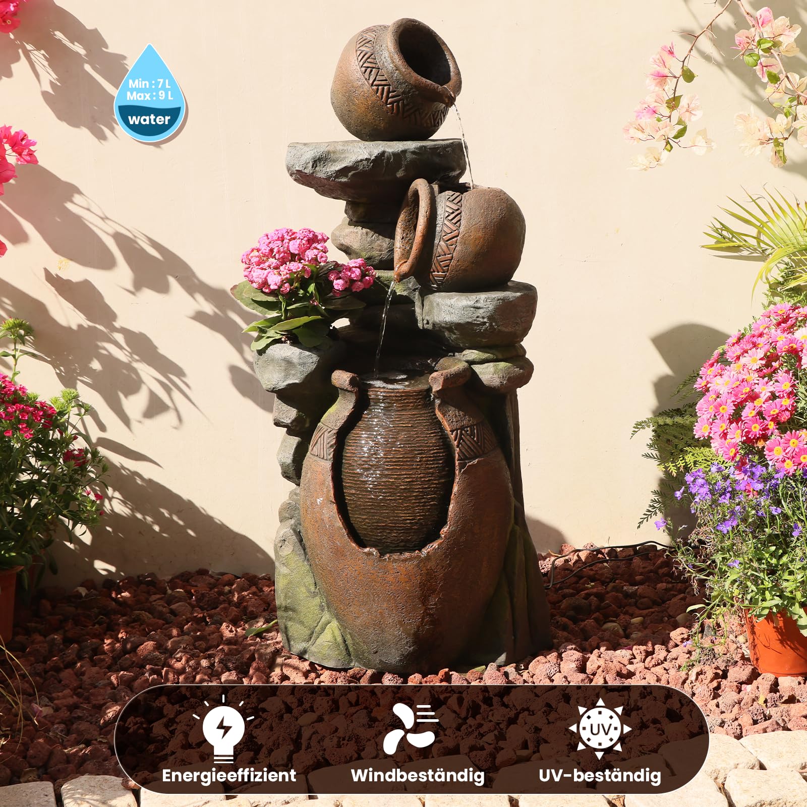 Sunlinua 3-stufiger Gartenbrunnen für Außen in Steinoptik mit gestapelten Tongefäßen – Harz-Wasserfall Garten mit LED-Beleuchtung für Terrasse, Balkon oder Eingangsbereich, 37×34×97,5 cm | Braun