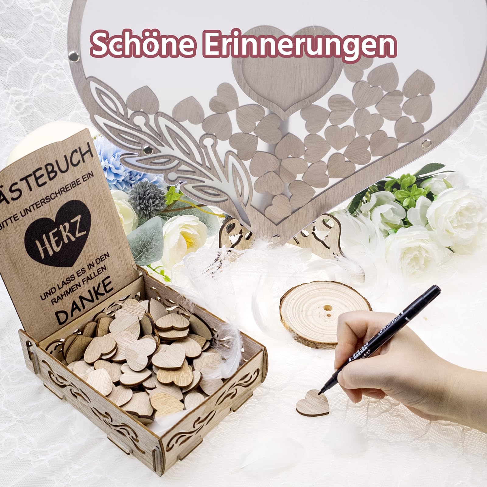 Gästebuch Hochzeit Holz,Gästebuch Hochzeit,Hochzeitsgästebuch mit 100 Holzherzen für Hochzeitsfeiern und Geburtstage, personalisierte Hochzeitsdekoration mit Gäste-Anmeldefeld und Herzrahmen für Fotos