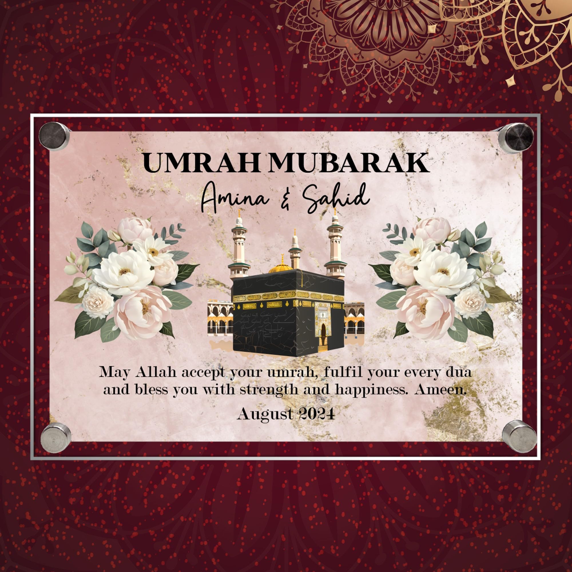 Personalised Umrah Mubarak Plaque for Family with Custom Names - May Allah Accept Your Umrah Design with Kaaba for Spiritual Keepsakes & Religious Gifts (Pink, Acrylic - A5)