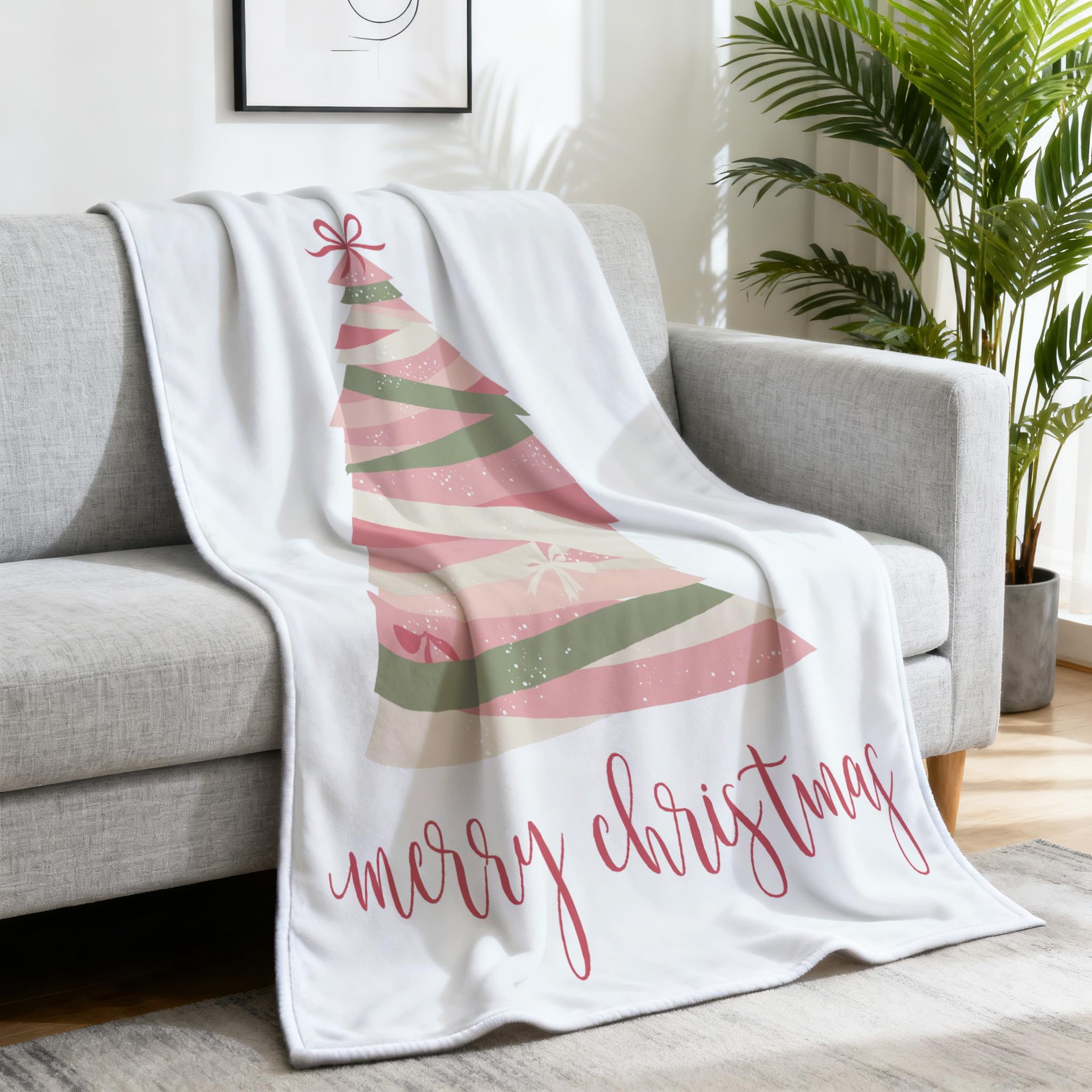 Generico Puszysty koc na sofę 220 x 270 cm, jasnoróżowy motyw choinki koc prezenty dla mamy taty chłopak dziewczyna rodzina wstążka kokarda koce do domu sofa łóżko pokój dziecięcy