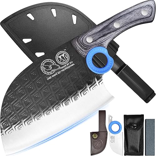 XYJ Auténtico desde 1986, cuchillo de carnicero de chef serbio con estuche, cuchillo de cocina para verduras de chefs, espiga completa para acampar