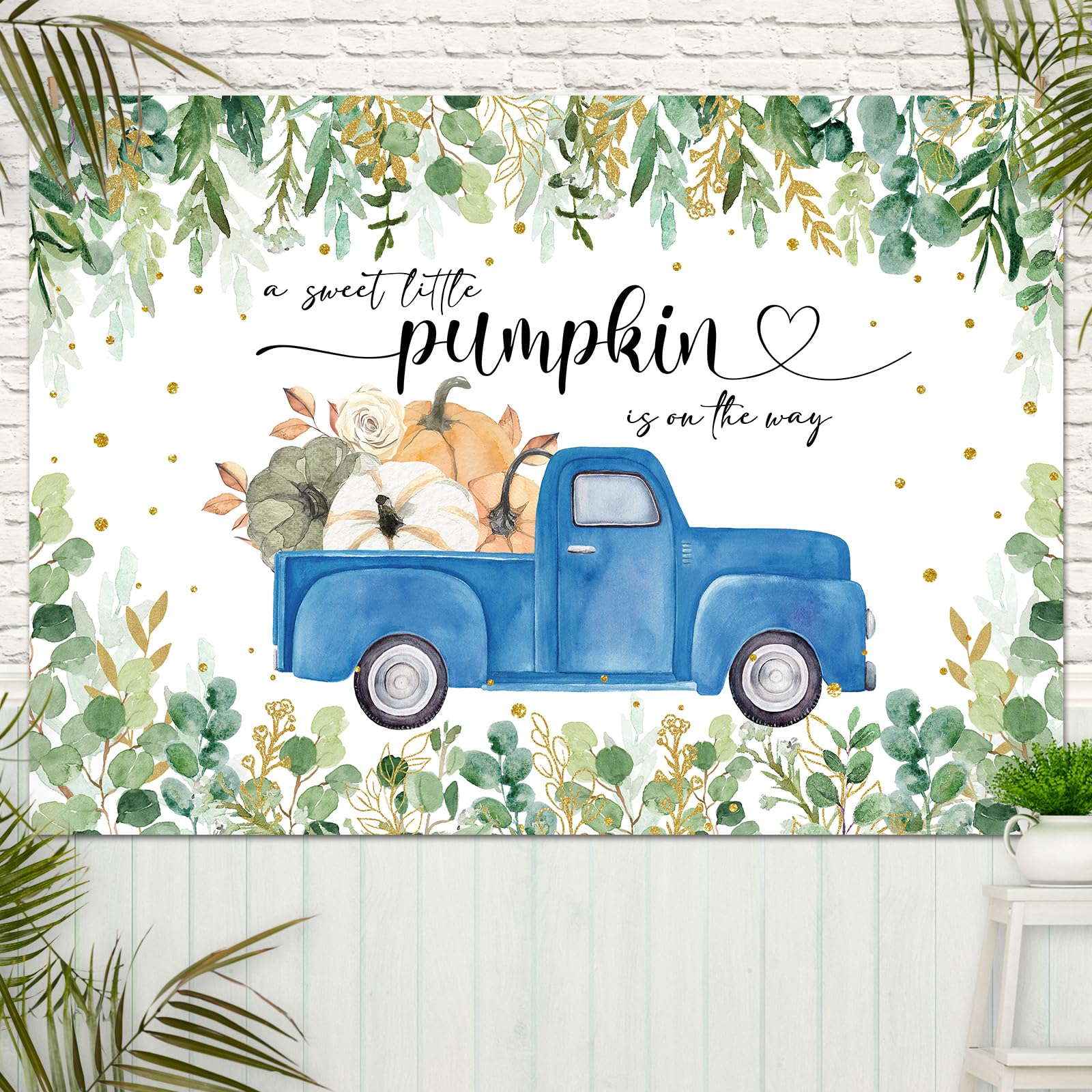 Mocsicka Baby Shower Hintergrund 'A Little Pumpkin' – 2,1x1,5 M, Vinyl, Herbst-Design Mit Kürbis & Eukalyptus, Für Fotografie & Deko