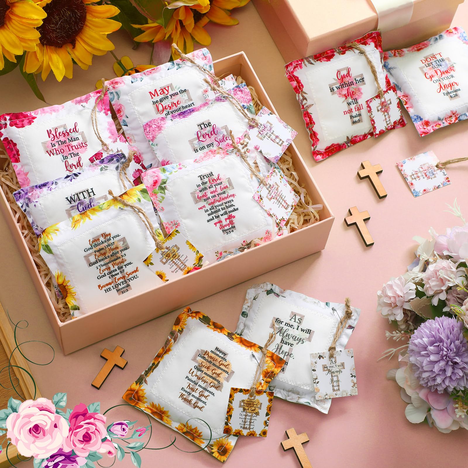 Hahafelt 10 Pack Prayer Quilt with Cross Inside, Vintage Scripture Prayer Quilt Squares Christian Gifts for Women Easter Mother's Day Pastor Appreciation Gifts