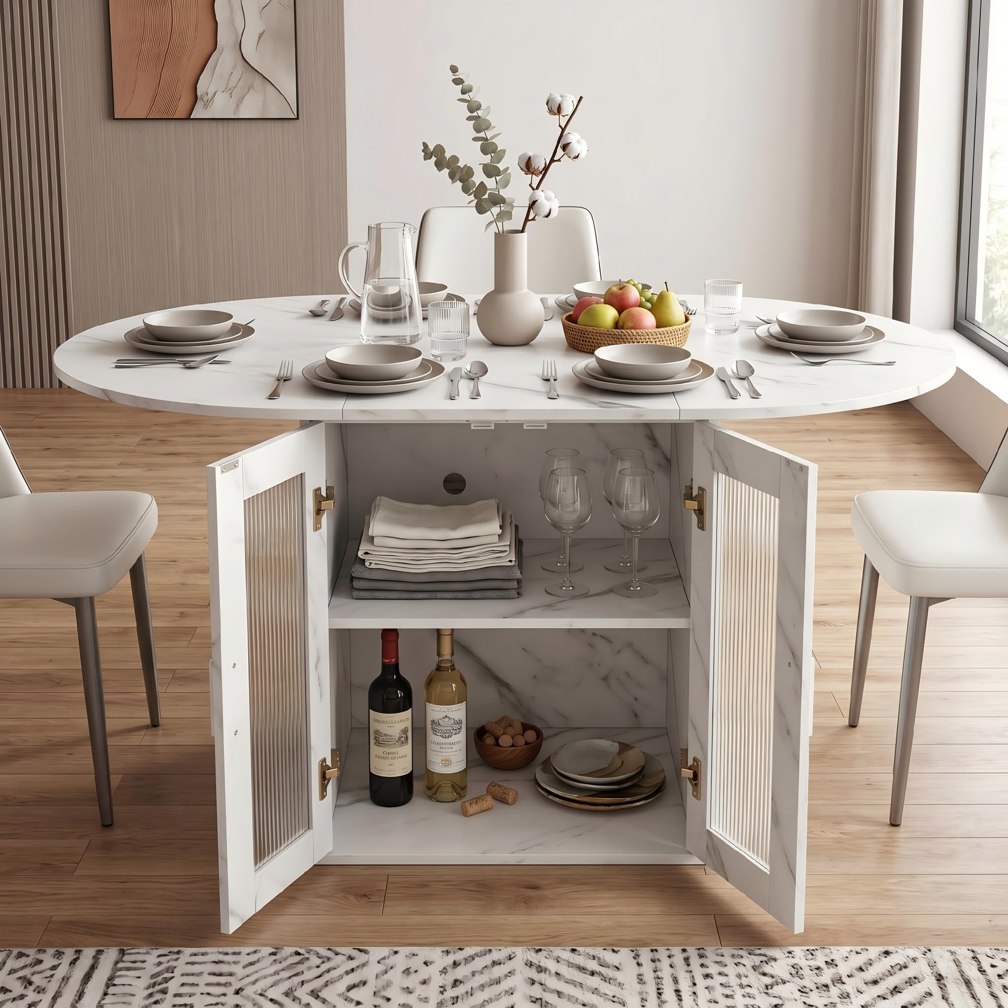 Esstisch Rund Ausziehbar, Ovaler Esstisch mit Kühlschrank Stauraum, Moderner Küchentisch für 4-6 Personen, geeignet für Küche, Esszimmer und Wohnzimmer