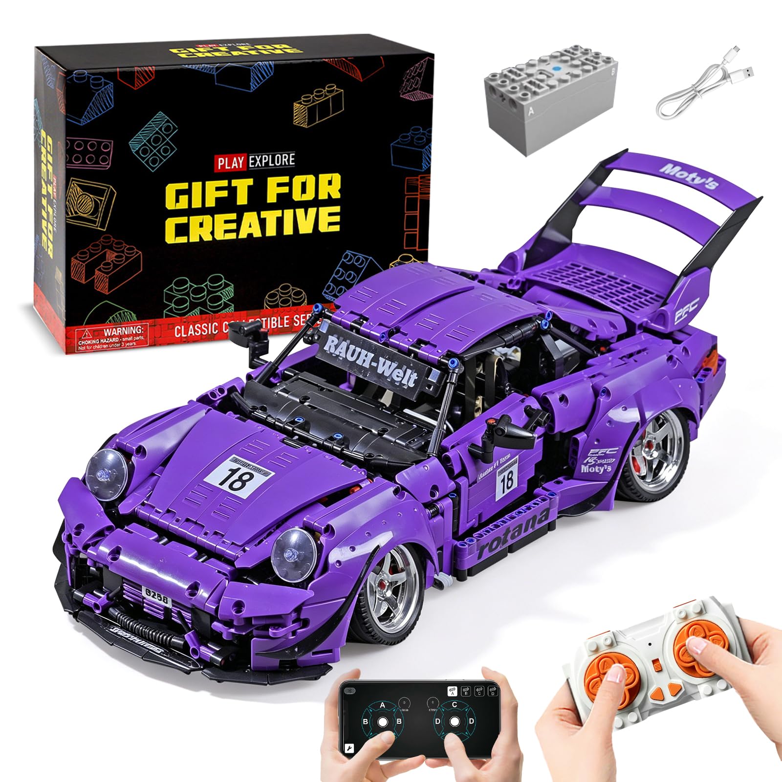 Purple 911 Turbo Remote Control Building Car Set, 1:10 21in 911 Sport Car