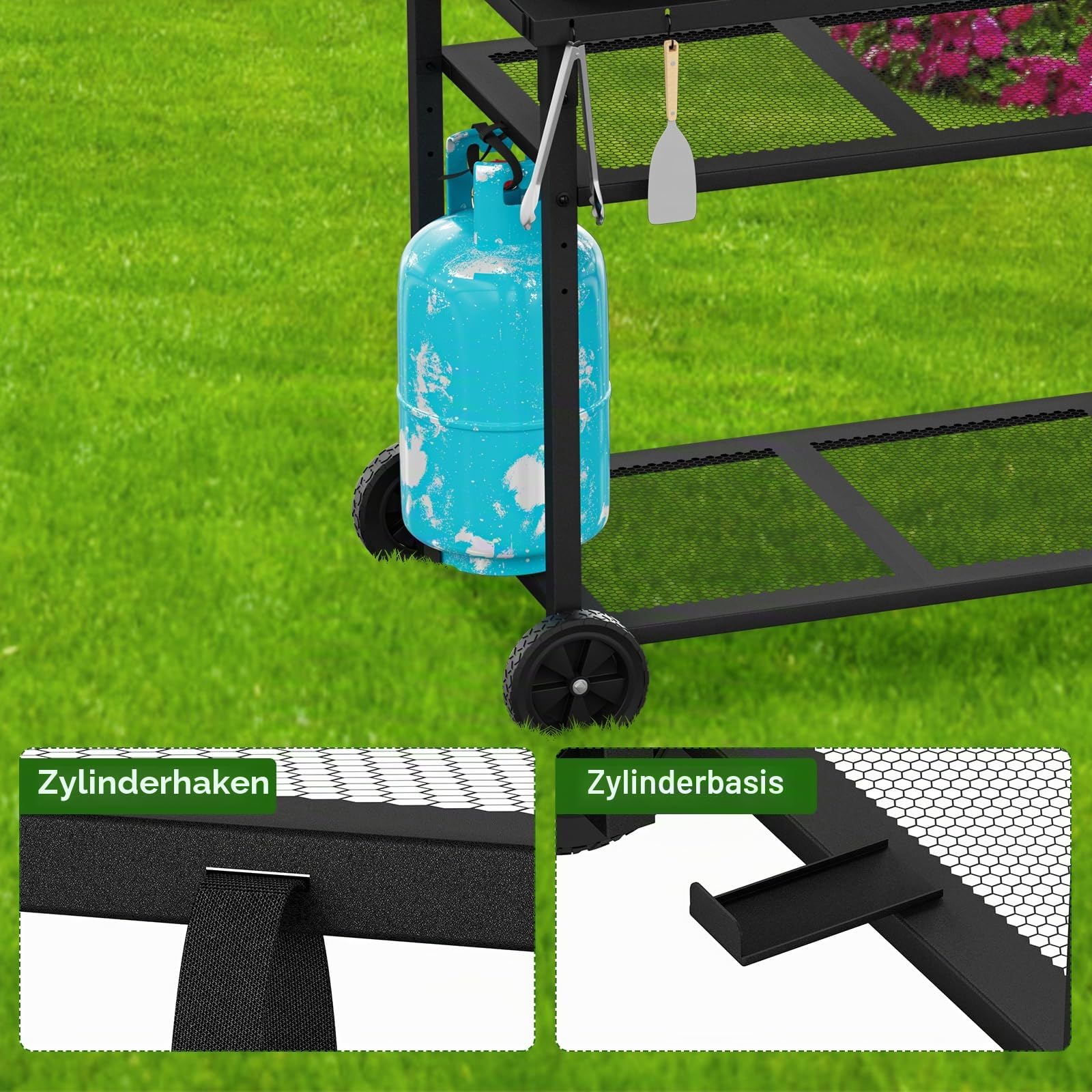 Grillwagen Servierwagen aus Metall,3-Etagen Outdoor Plancha Grilltisch Rollwagen Trolley wasserdicht Arbeitsplatte 85 x 51cm