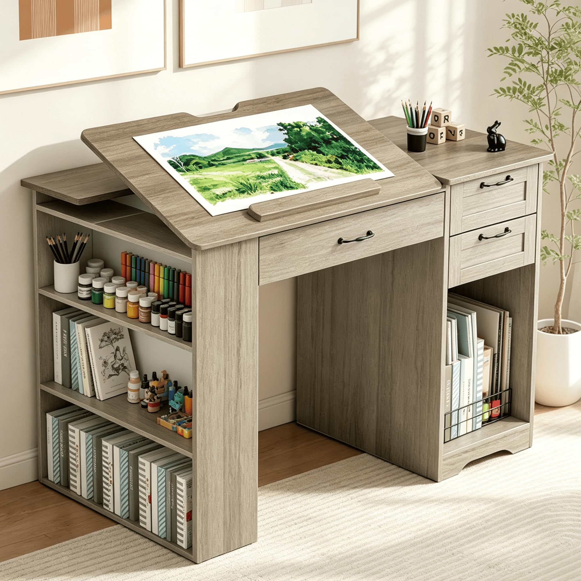 Drafting Table with Storage Cabinet &amp; Drawers, Adjustable Drawing Table with Open Shelves, Craft Art Desk for Artists, Painters, Drawing, Crafting, Reading, Writing, Working (Grey)