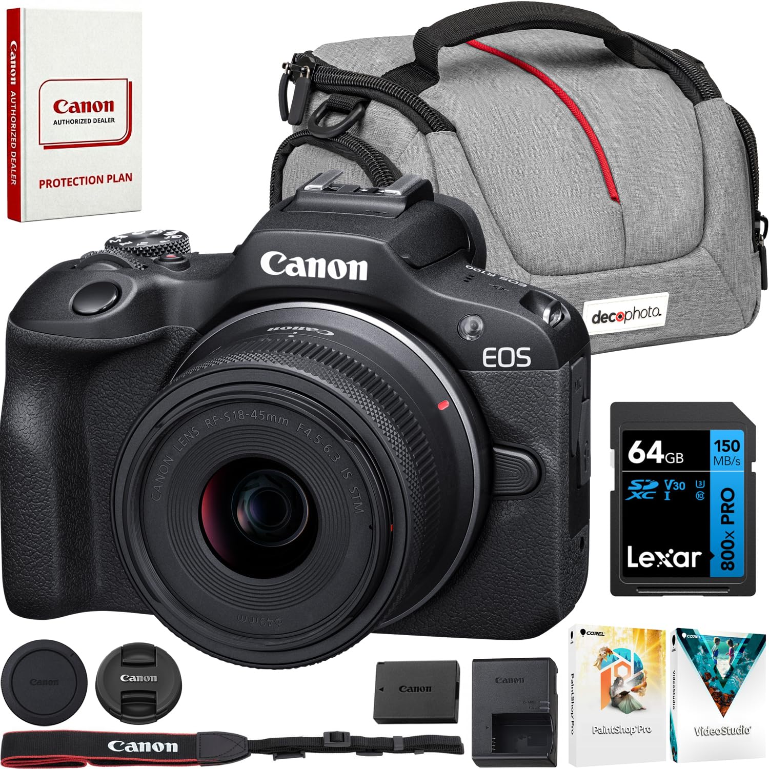 Canon EOS R100 Mirrorless Camera w/RF-S18-45mm F4.5-6.3 is STM Lens Kit (6052C012) Bundle w/Lexar Premium PRO Blue Series 64GB SDXC Memory Card +Deco