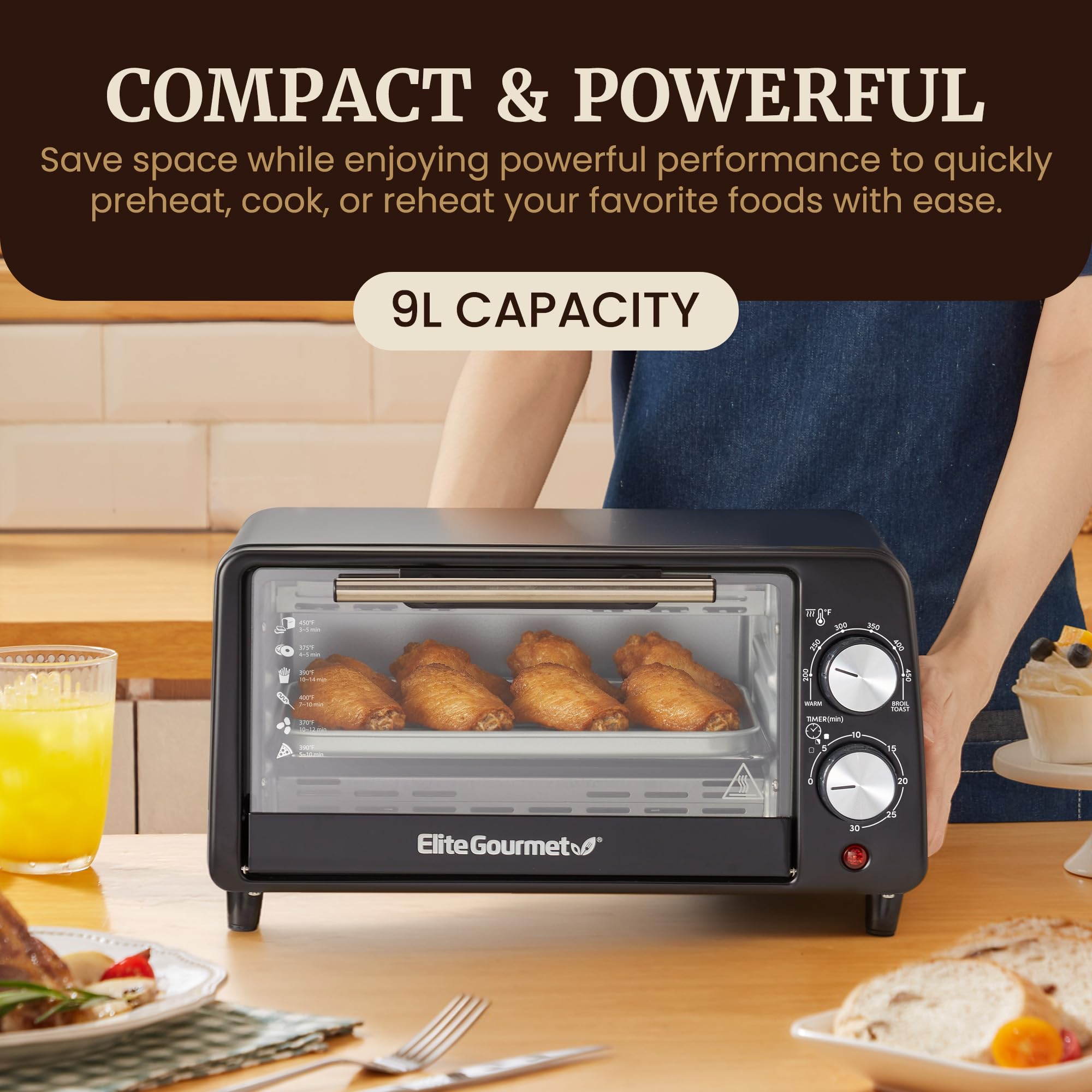Elite Gourmet ETO449X - Horno tostador de 9,5 qt/capacidad de 4 rebanadas, apto para pizza de 20,3 cm, calefacción de cuarzo de 800 W, temperatura ajustable de 93 a 230 °C, temporizador de 30