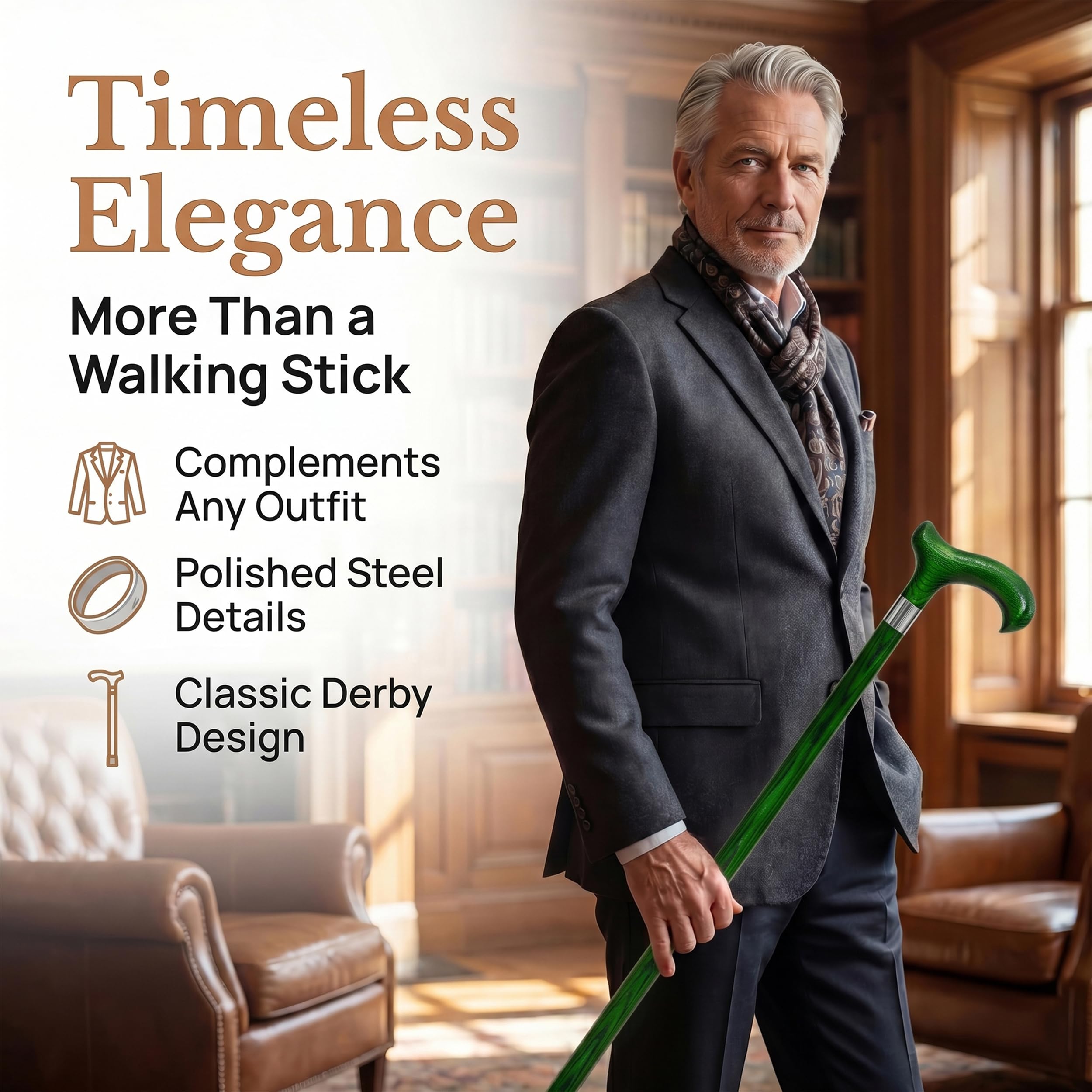 Dr. Watson Classic Derby Walking Stick – Handcrafted Ash Wood Cane with Polished Stainless Steel Collar